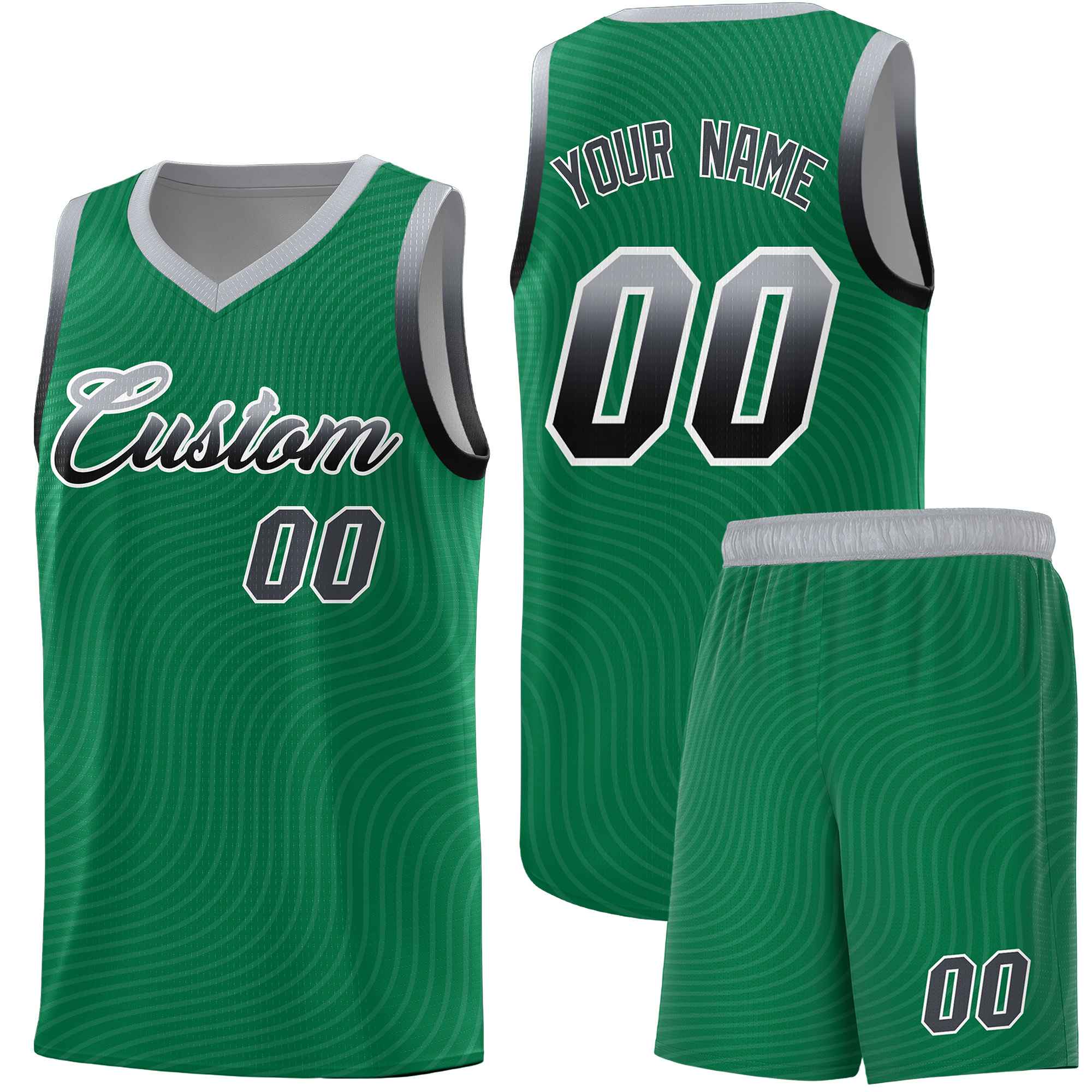 Custom Kelly Green Gray Wave Pattern Sports Uniform Basketball Kits