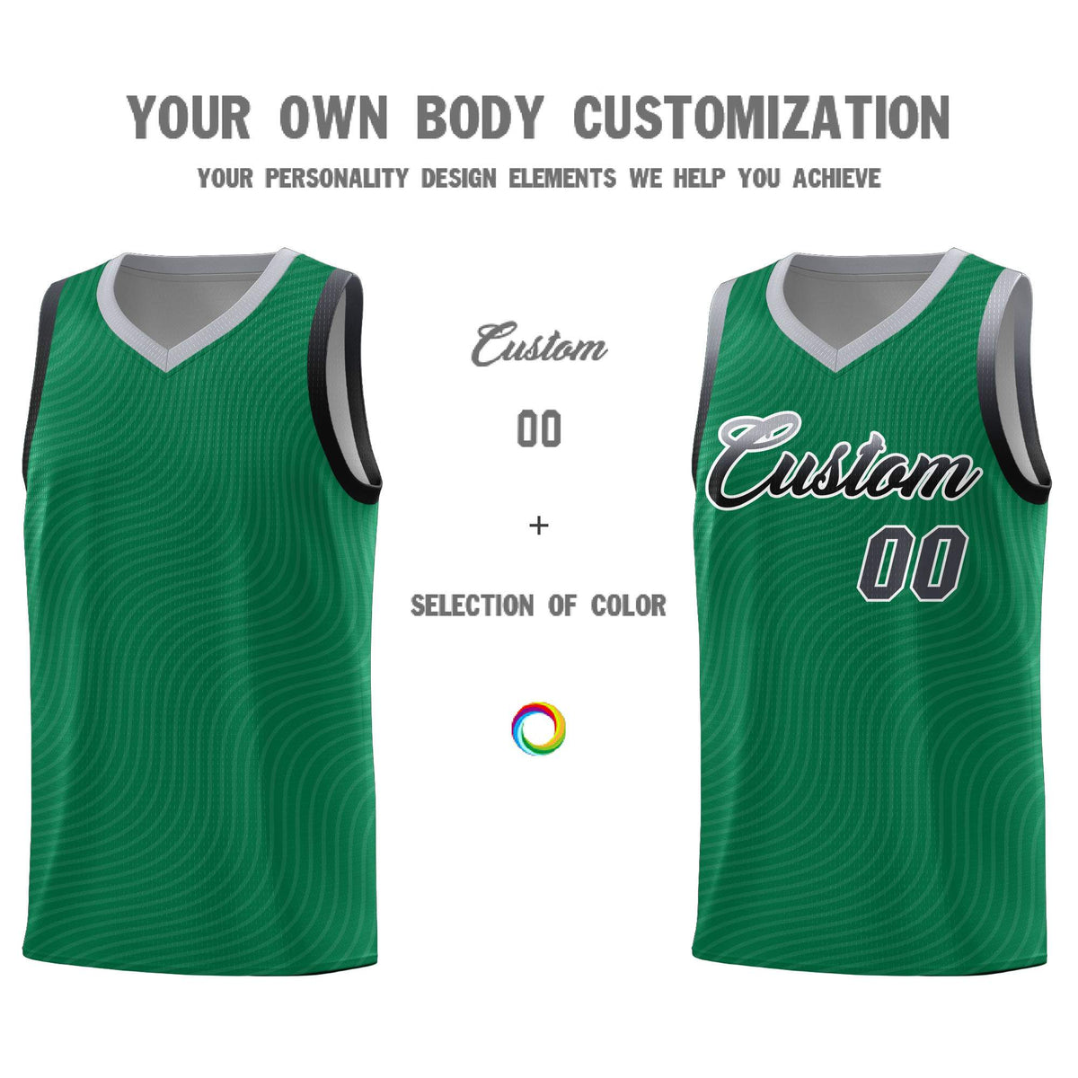 Custom Kelly Green Gray Wave Pattern Sports Uniform Basketball Kits