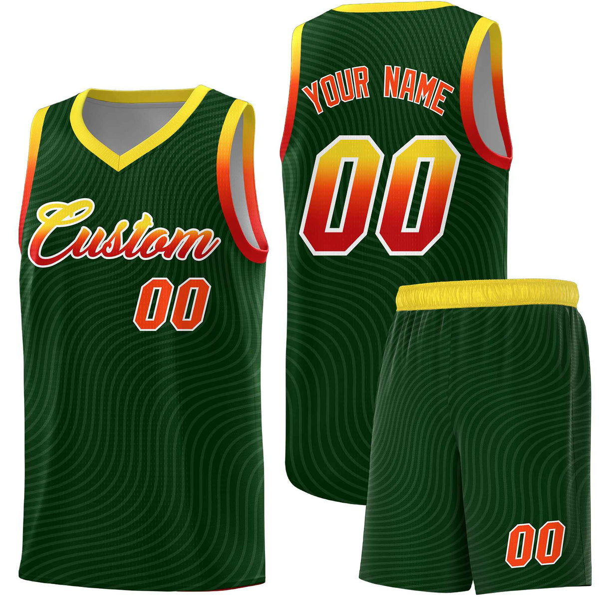 Custom Hunter Green Gold Wave Pattern Sports Uniform Basketball Kits