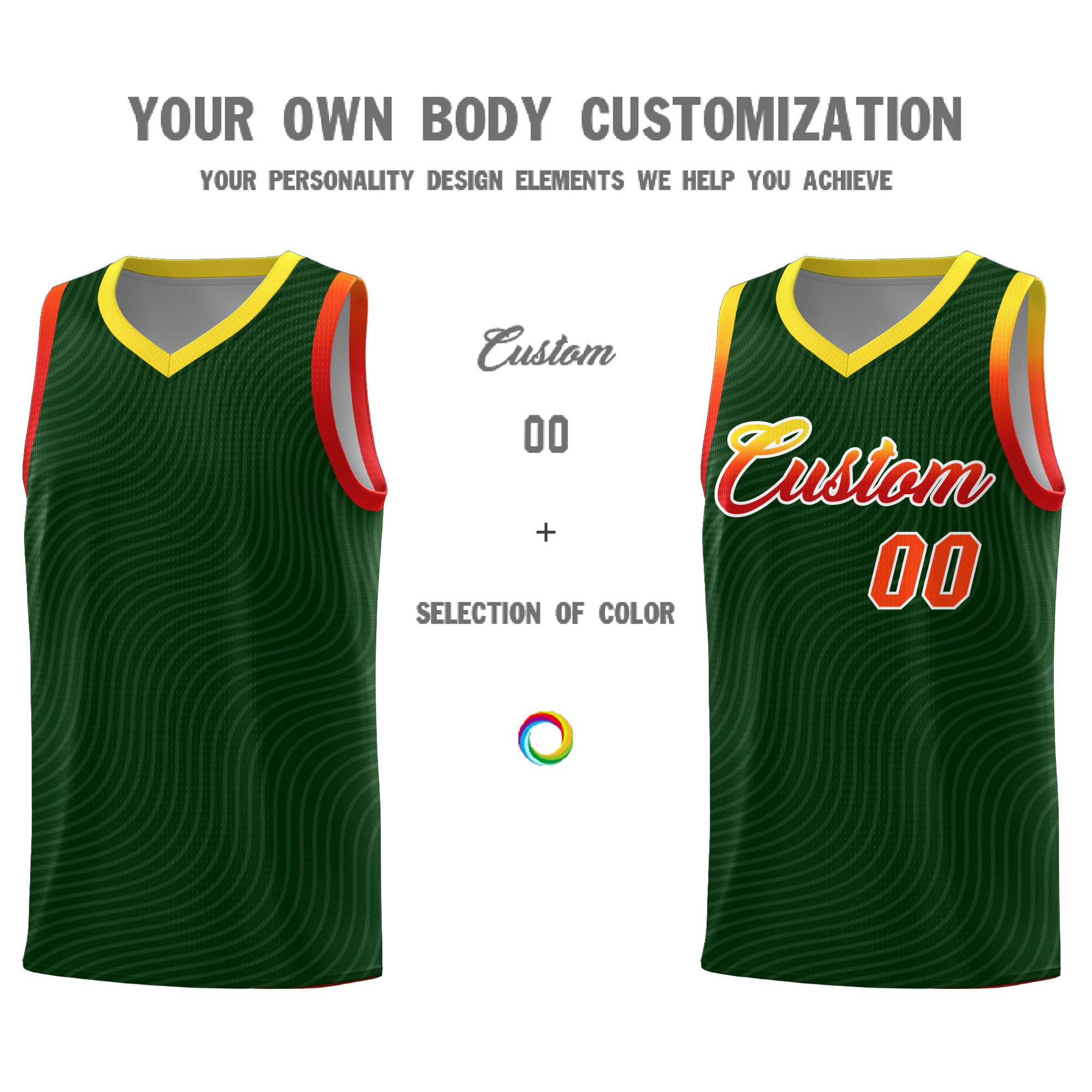 Custom Hunter Green Gold Wave Pattern Sports Uniform Basketball Kits