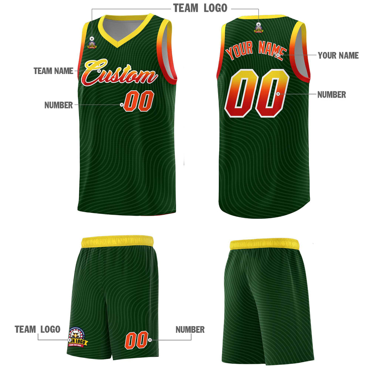 Custom Hunter Green Gold Wave Pattern Sports Uniform Basketball Kits