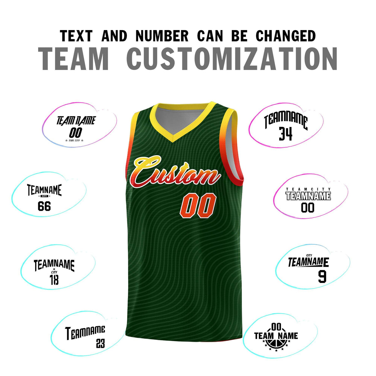 Custom Hunter Green Gold Wave Pattern Sports Uniform Basketball Kits