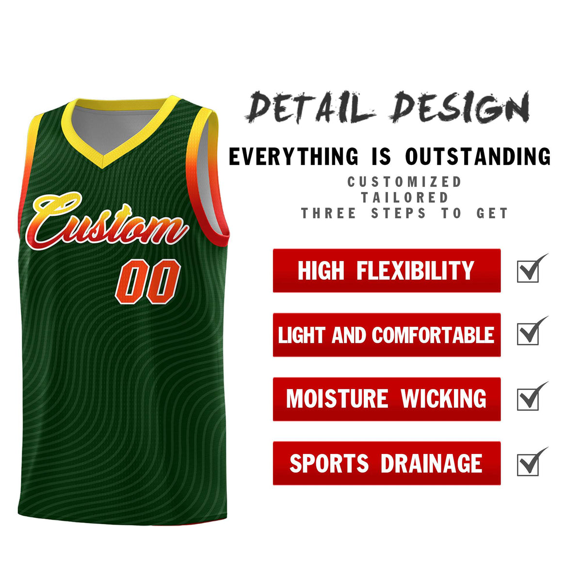 Custom Hunter Green Gold Wave Pattern Sports Uniform Basketball Kits