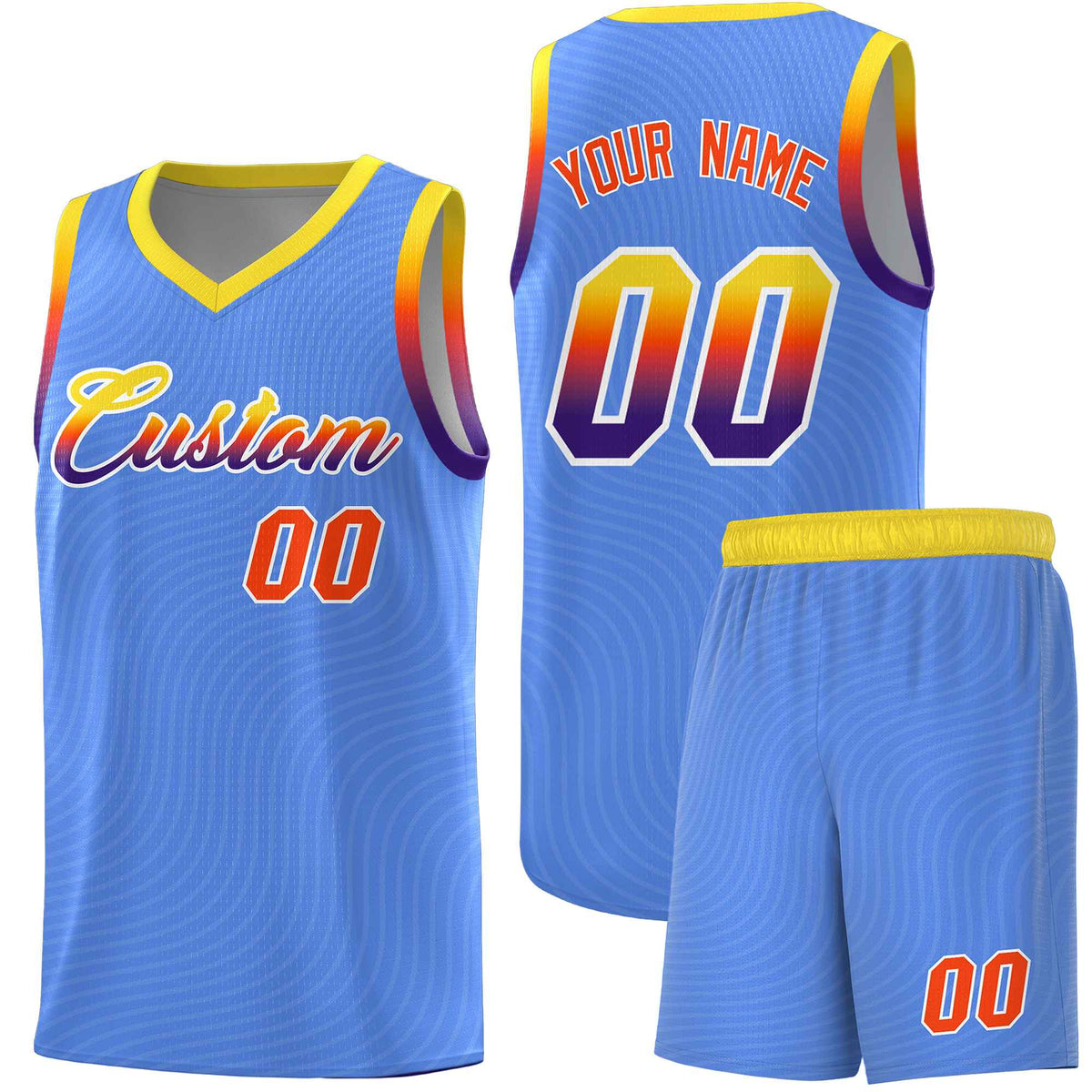 Custom Light Blue Gold Wave Pattern Sports Uniform Basketball Kits