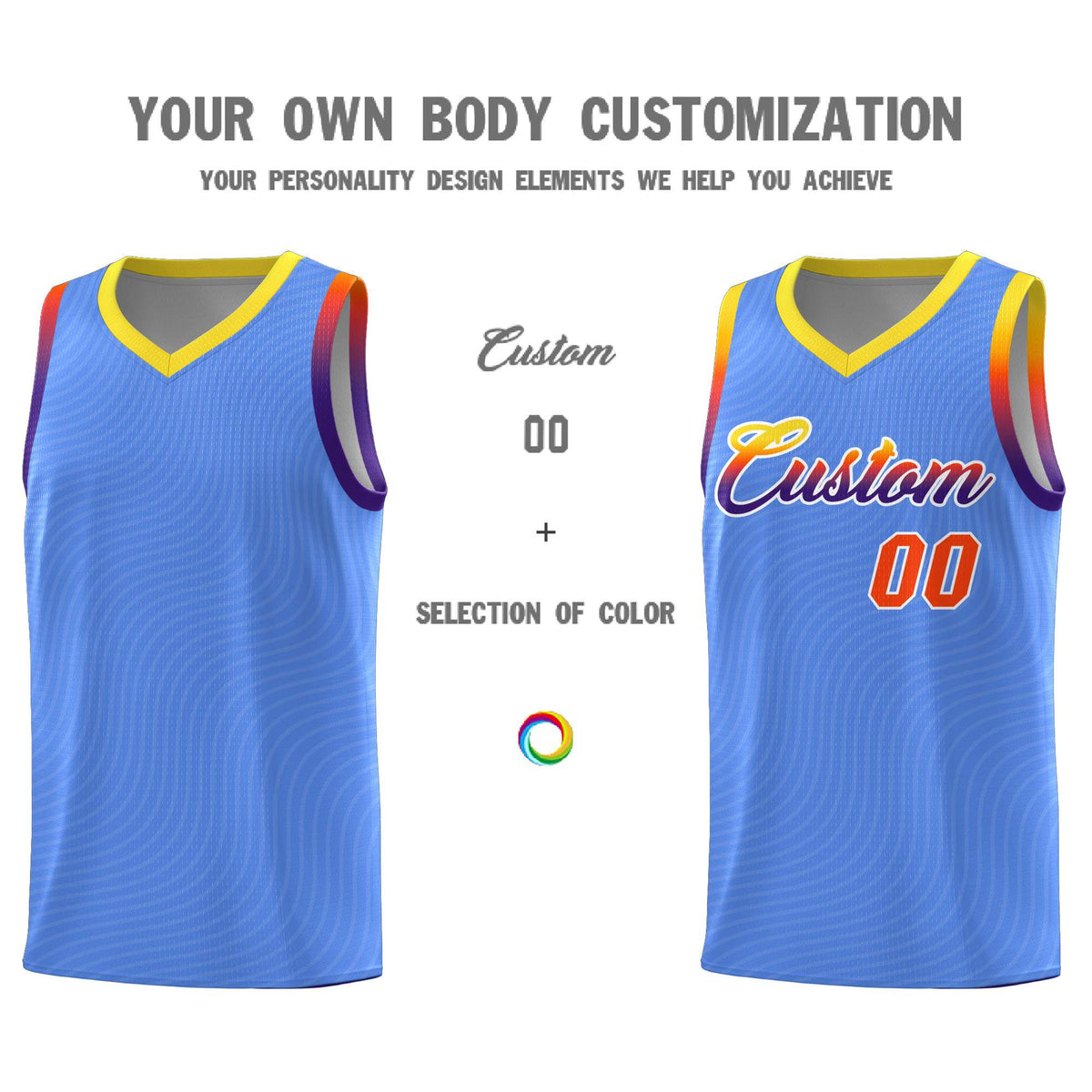 Custom Light Blue Gold Wave Pattern Sports Uniform Basketball Kits