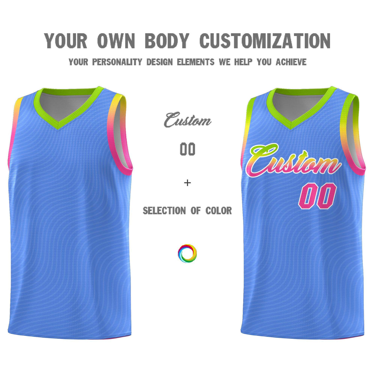 Custom Light Blue Neon Green Wave Pattern Sports Uniform Basketball Kits