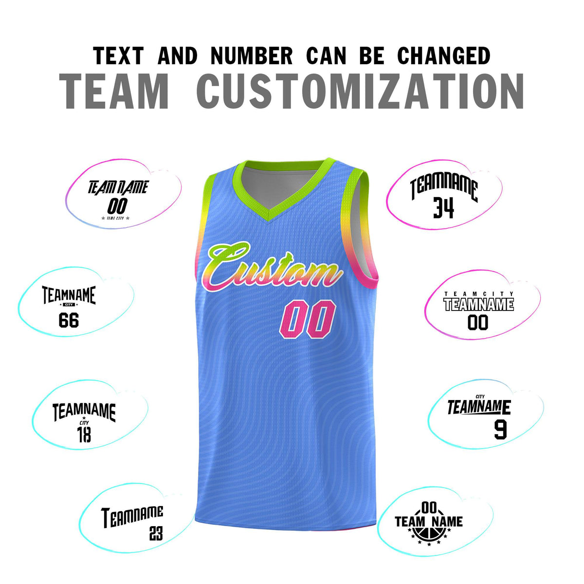 Custom Light Blue Neon Green Wave Pattern Sports Uniform Basketball Kits