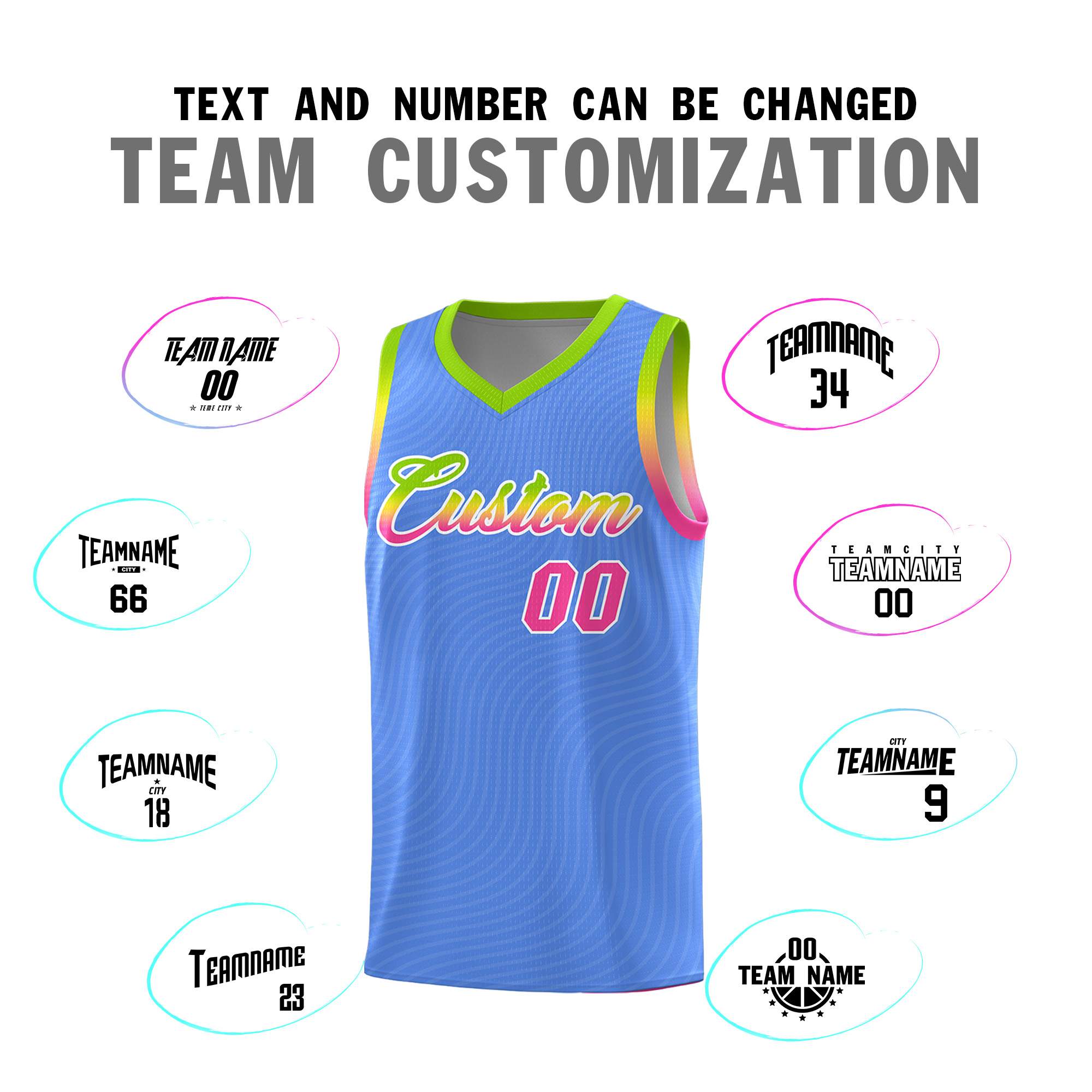 Custom Light Blue Neon Green Wave Pattern Sports Uniform Basketball Kits