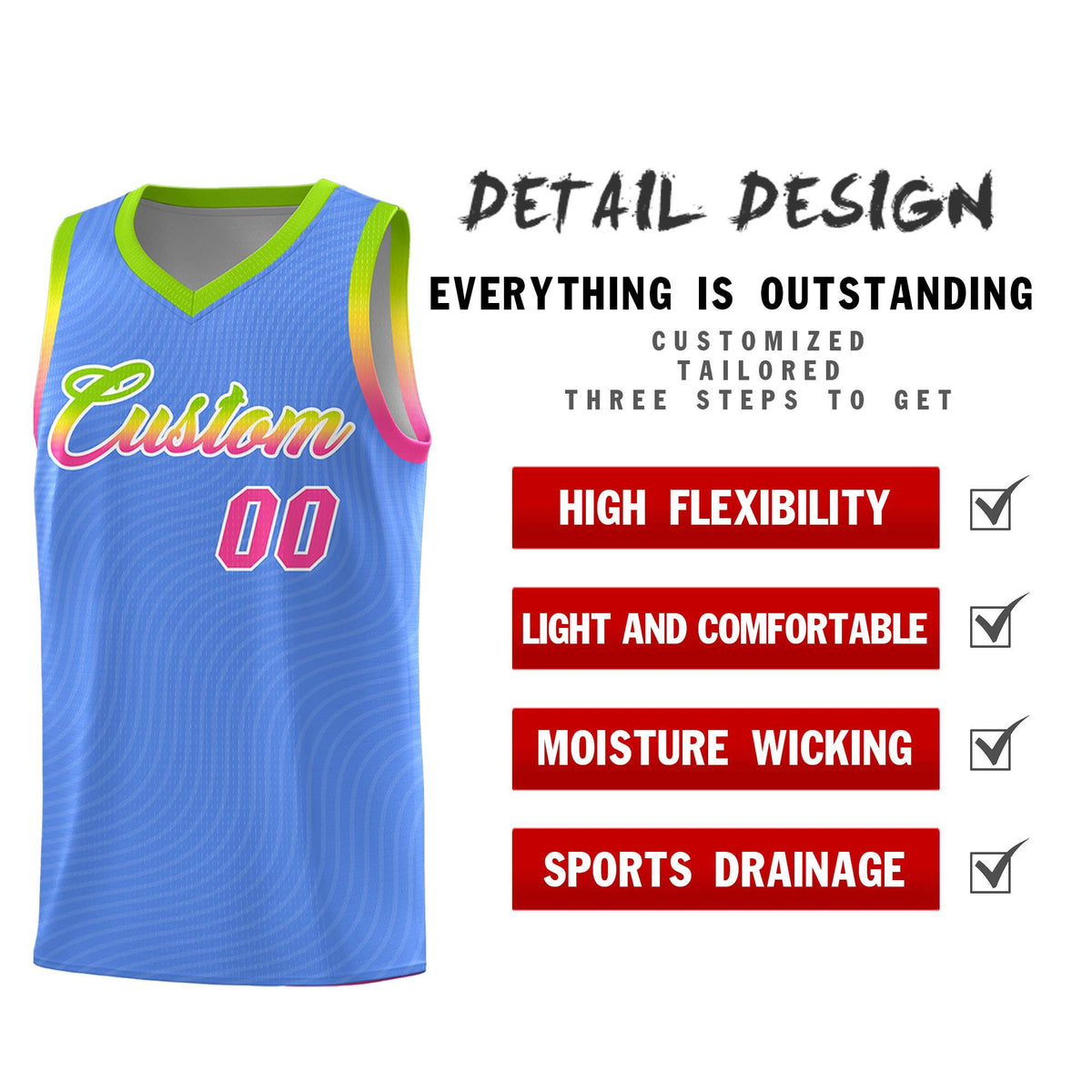 Custom Light Blue Neon Green Wave Pattern Sports Uniform Basketball Kits