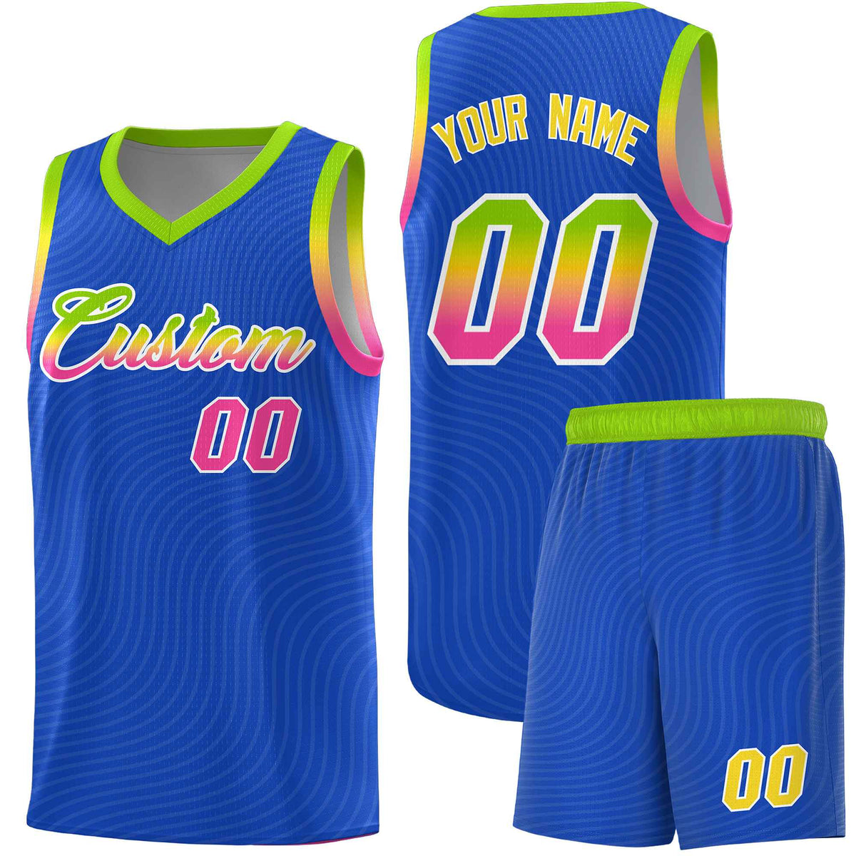 Custom Royal Blue Neon Green Wave Pattern Sports Uniform Basketball Kits
