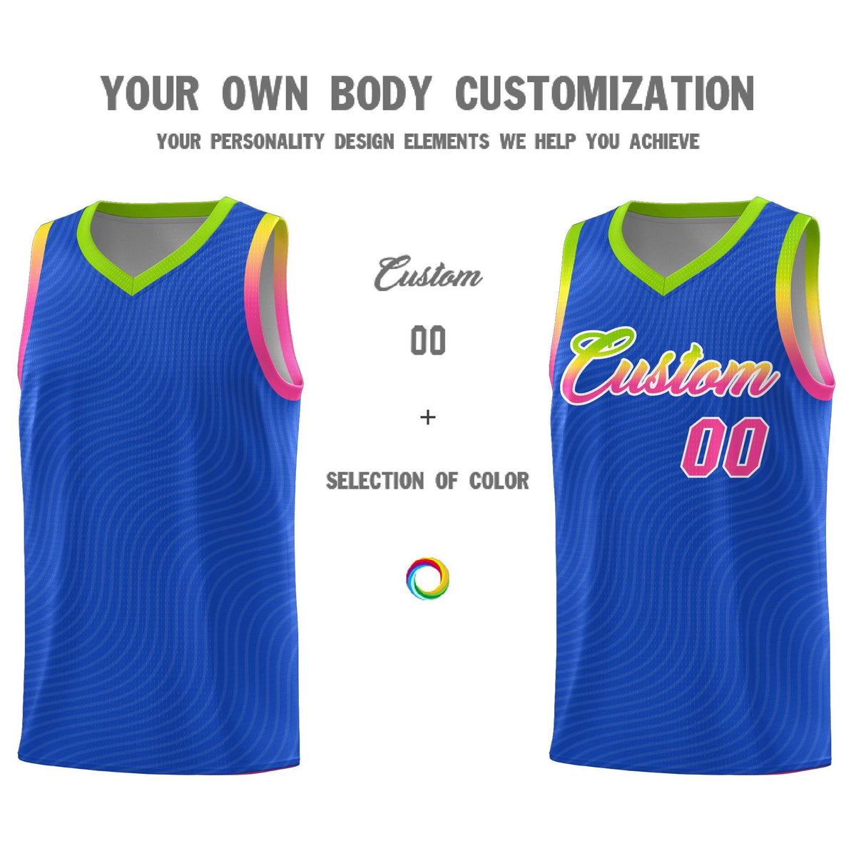 Custom Royal Blue Neon Green Wave Pattern Sports Uniform Basketball Kits