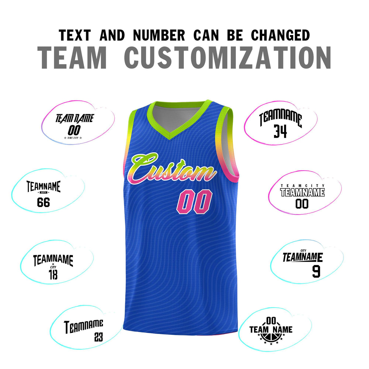 Custom Royal Blue Neon Green Wave Pattern Sports Uniform Basketball Kits
