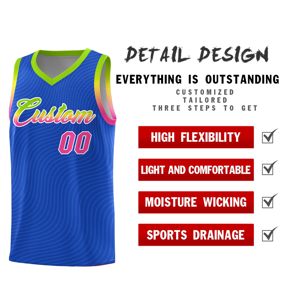 Custom Royal Blue Neon Green Wave Pattern Sports Uniform Basketball Kits
