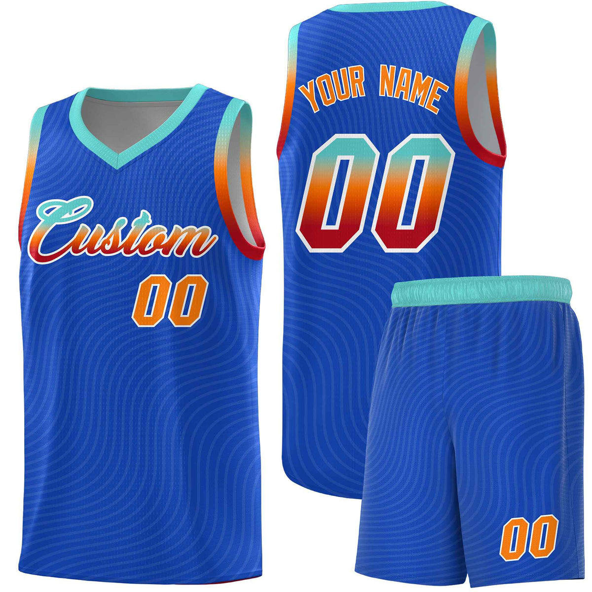 Custom Royal Blue Bright Green Wave Pattern Sports Uniform Basketball Kits