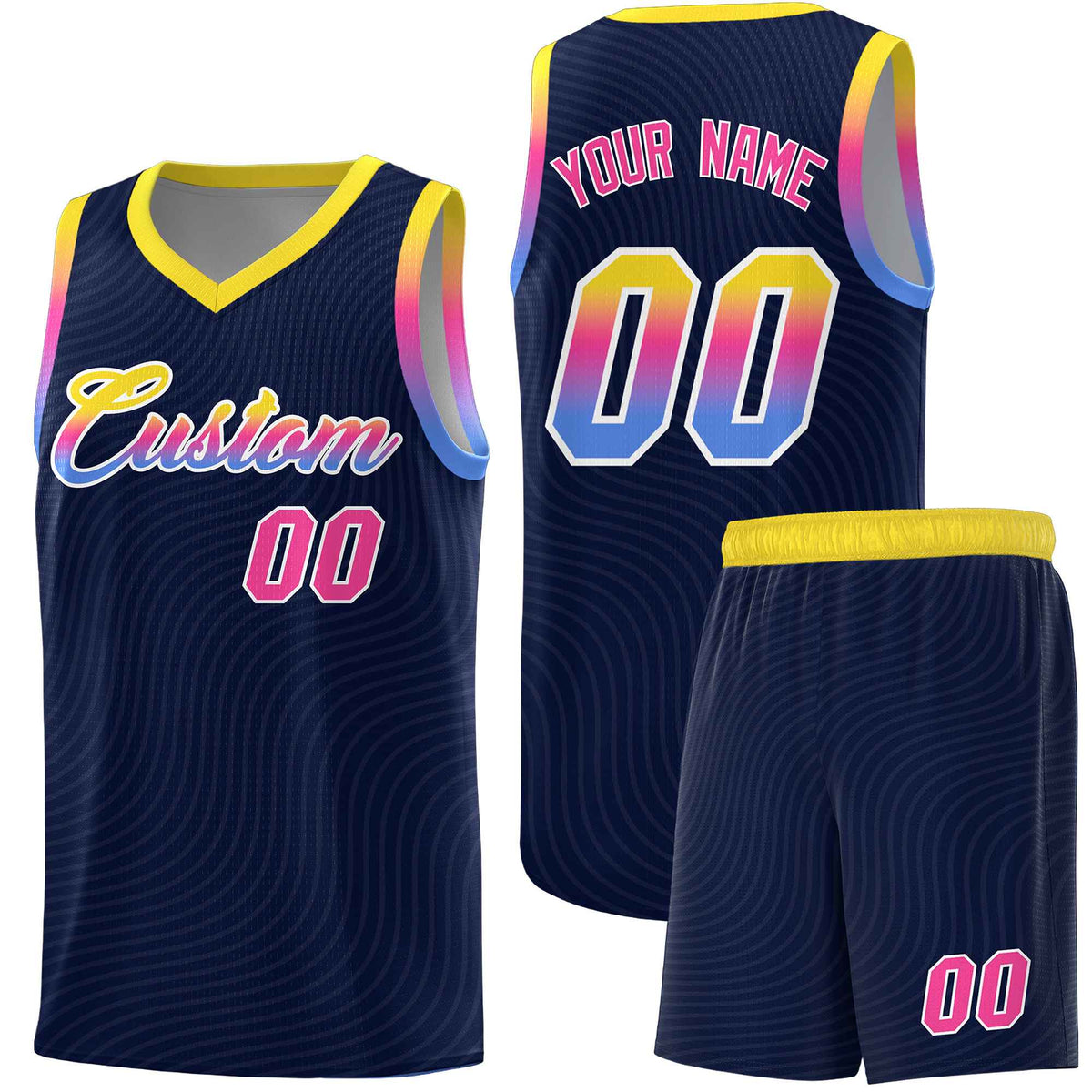Custom Navy Gold Wave Pattern Sports Uniform Basketball Kits