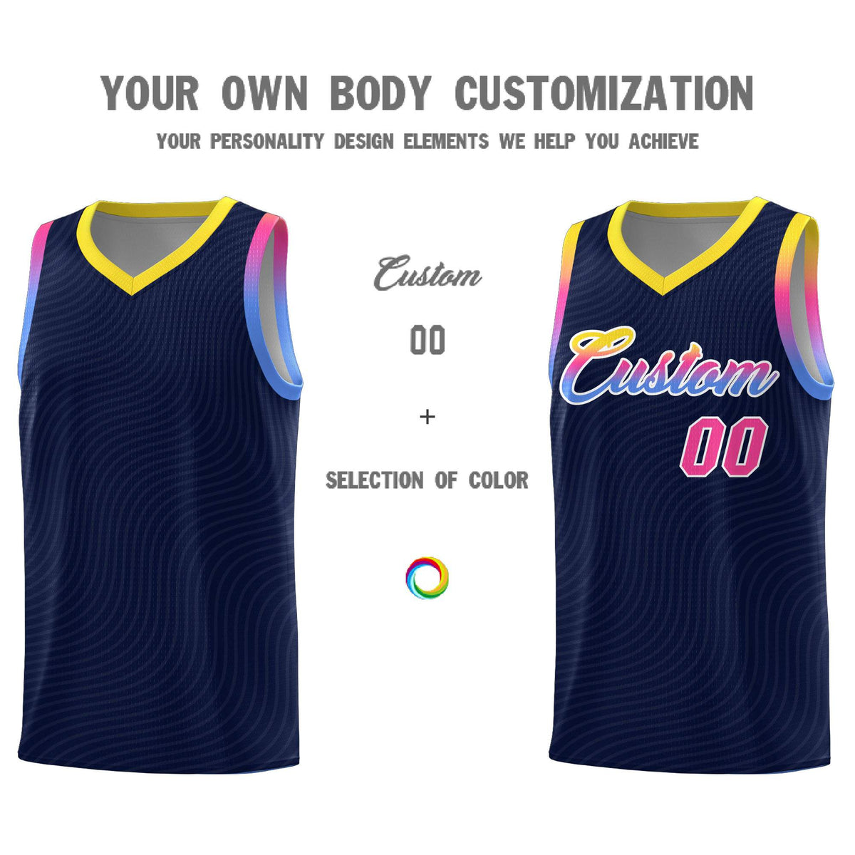 Custom Navy Gold Wave Pattern Sports Uniform Basketball Kits