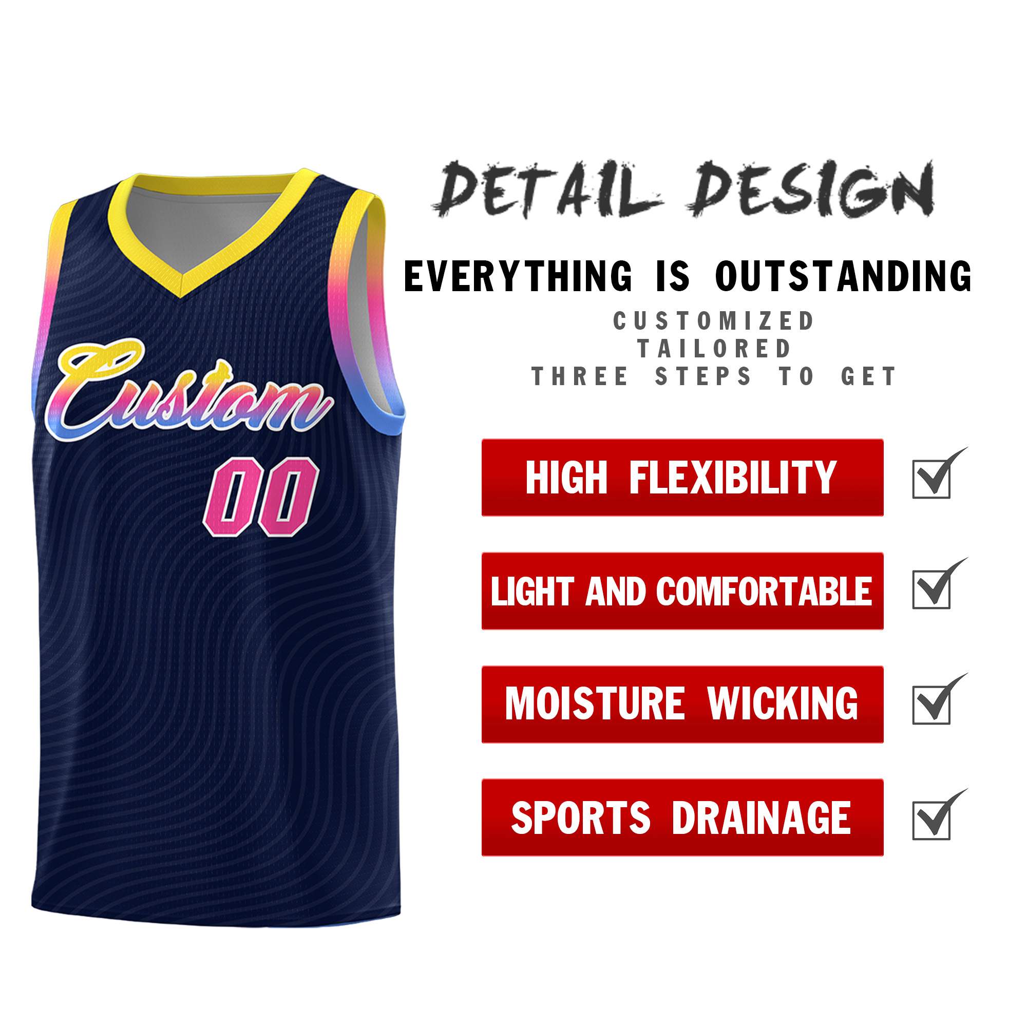 Custom Navy Gold Wave Pattern Sports Uniform Basketball Kits