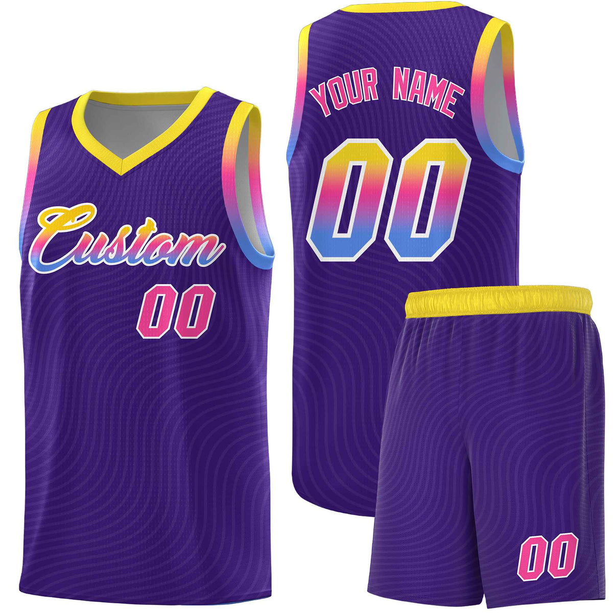 Custom Purple Gold Wave Pattern Sports Uniform Basketball Kits