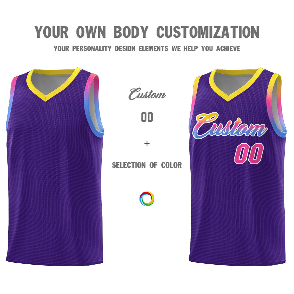 Custom Purple Gold Wave Pattern Sports Uniform Basketball Kits