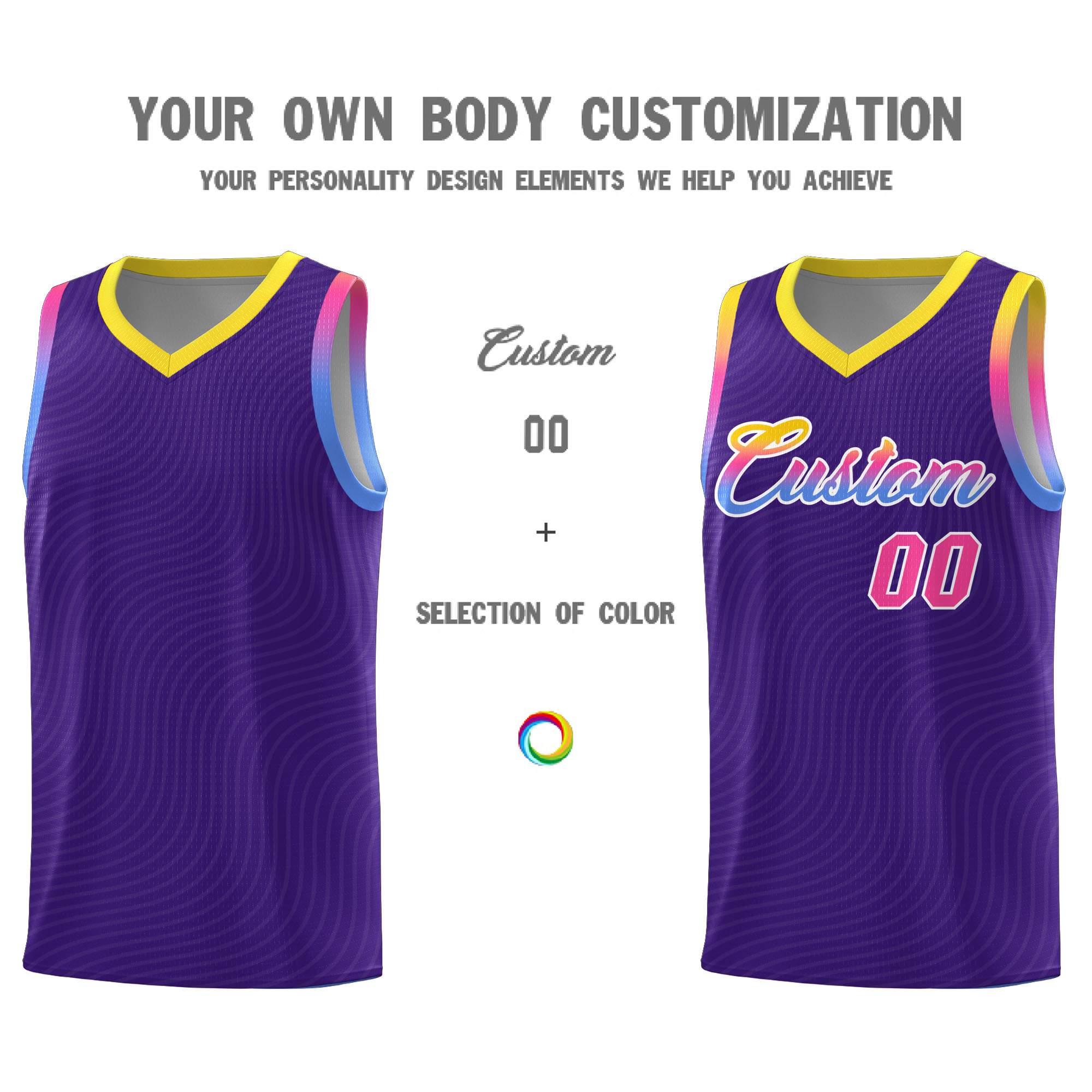 Custom Purple Gold Wave Pattern Sports Uniform Basketball Kits