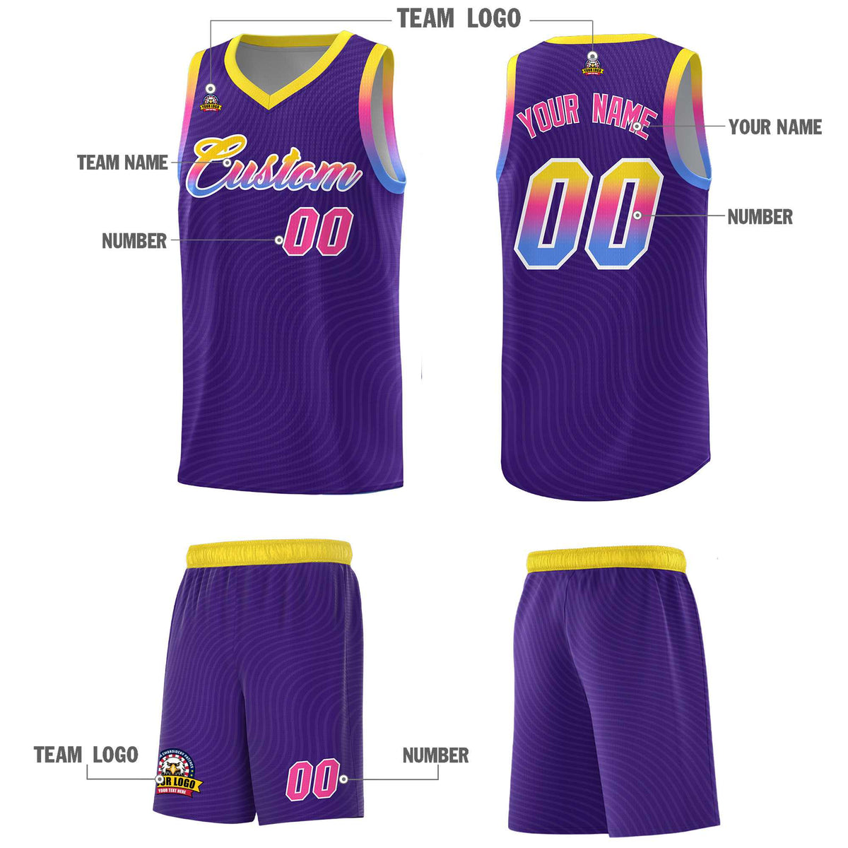 Custom Purple Gold Wave Pattern Sports Uniform Basketball Kits
