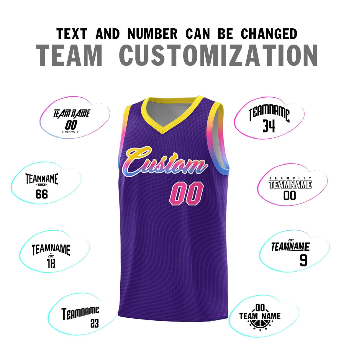 Custom Purple Gold Wave Pattern Sports Uniform Basketball Kits