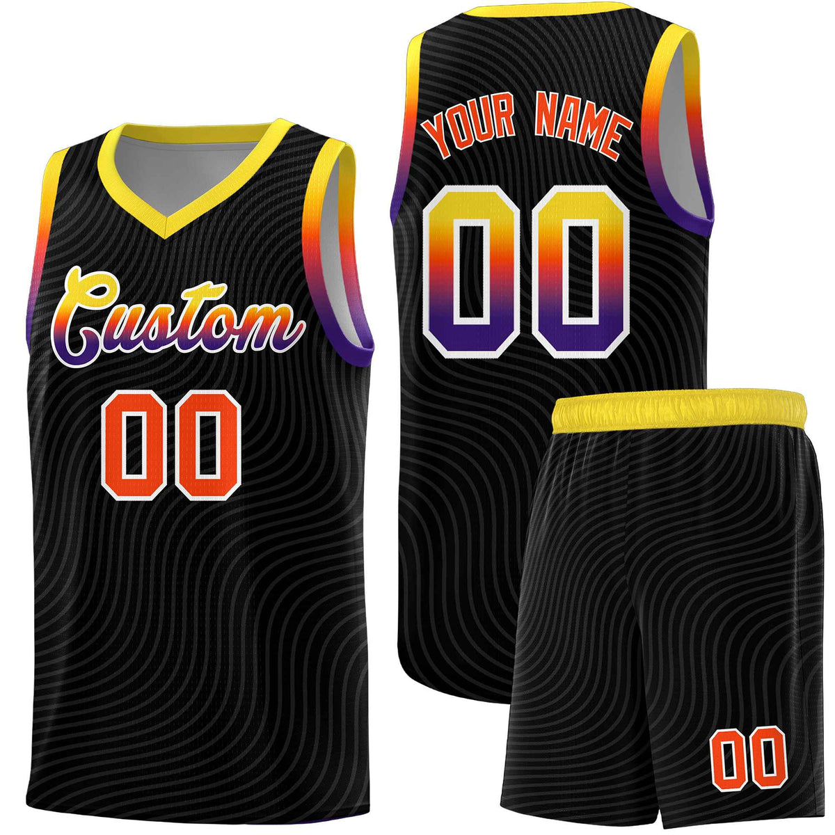 Custom Black Gold Wave Pattern Sports Uniform Basketball Kits