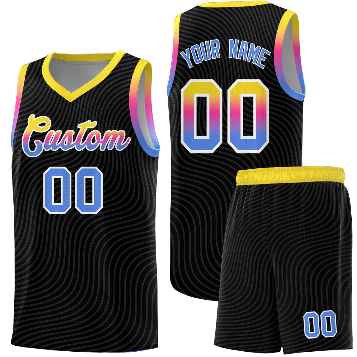 Custom Black Gold Wave Pattern Sports Uniform Basketball Kits