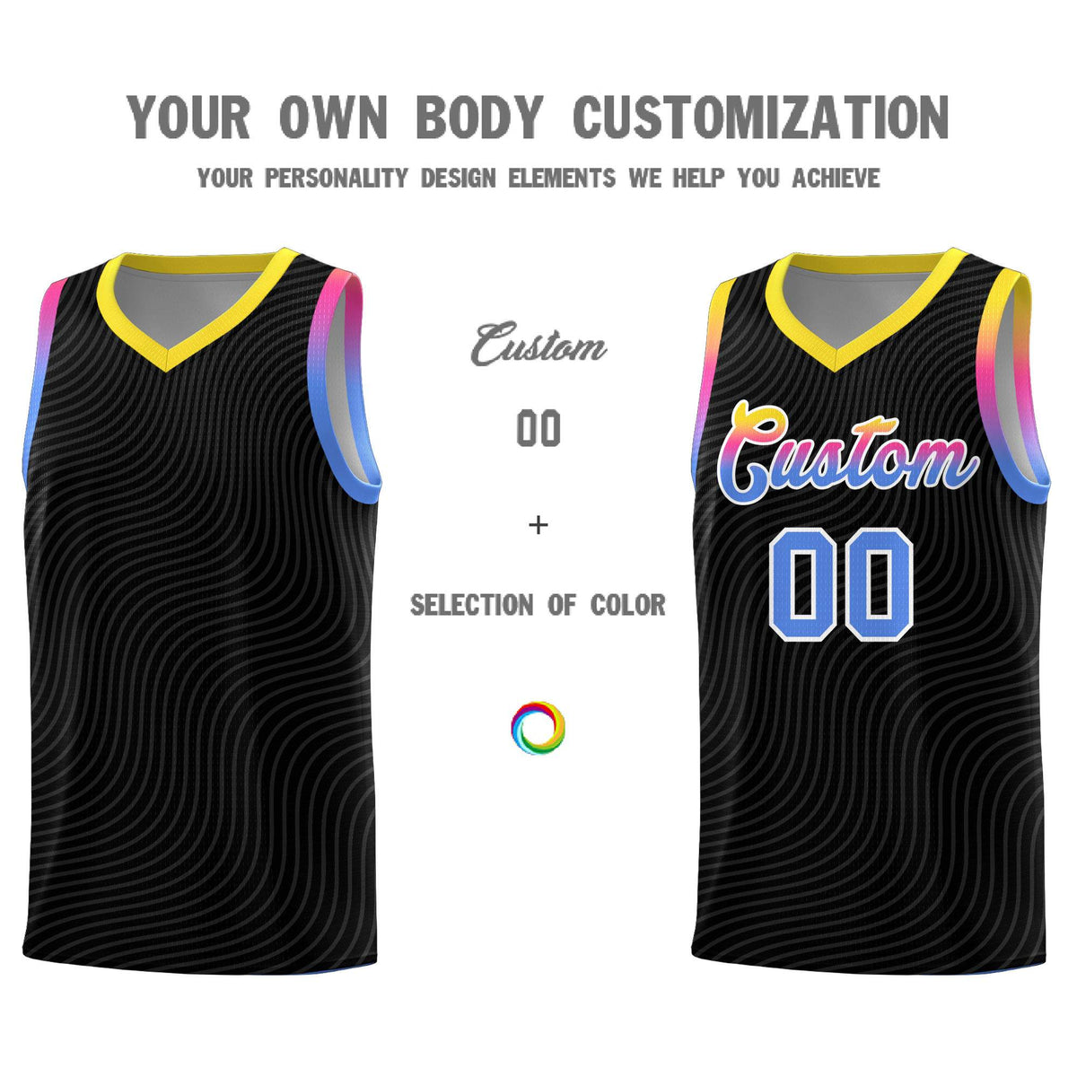 Custom Black Gold Wave Pattern Sports Uniform Basketball Kits