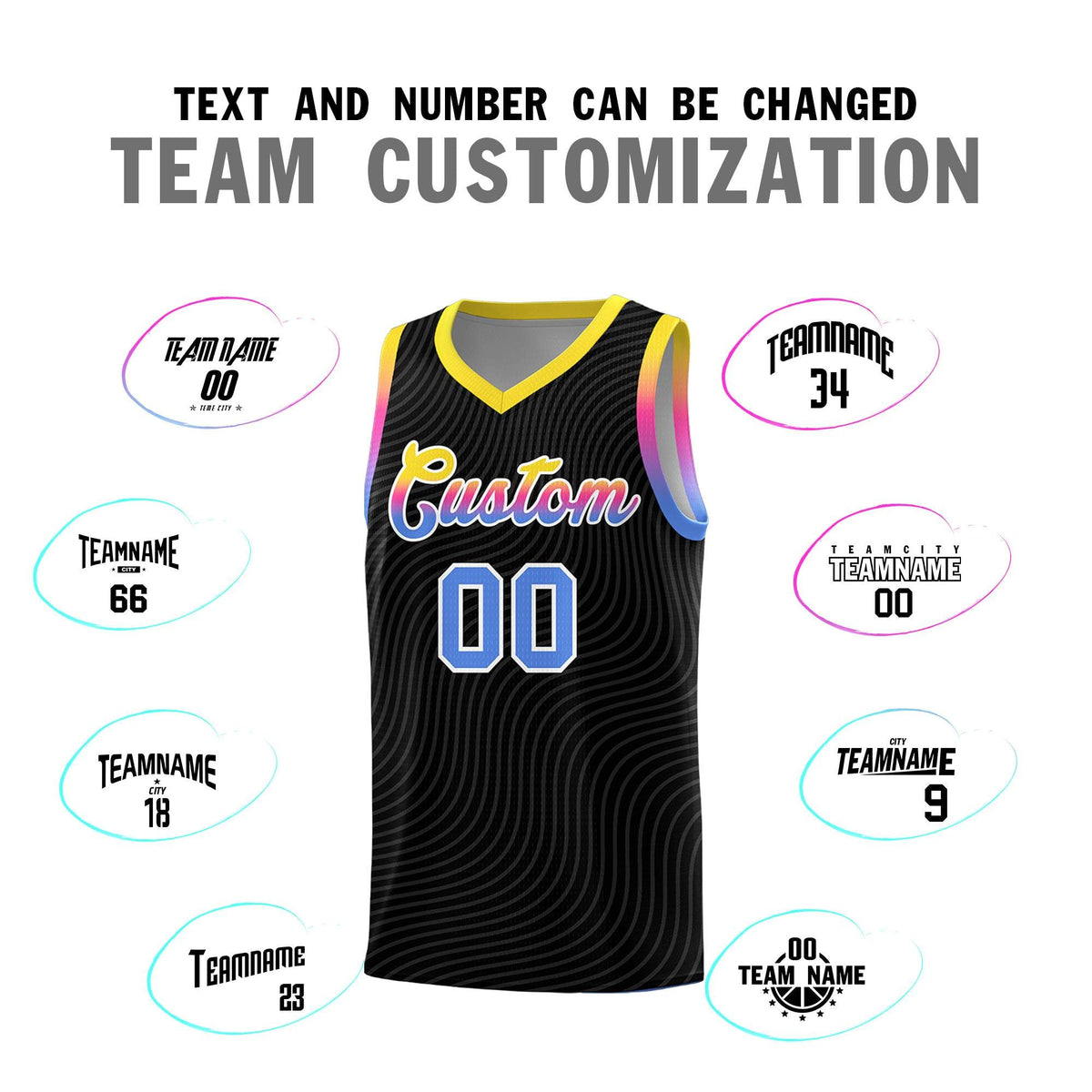 Custom Black Gold Wave Pattern Sports Uniform Basketball Kits