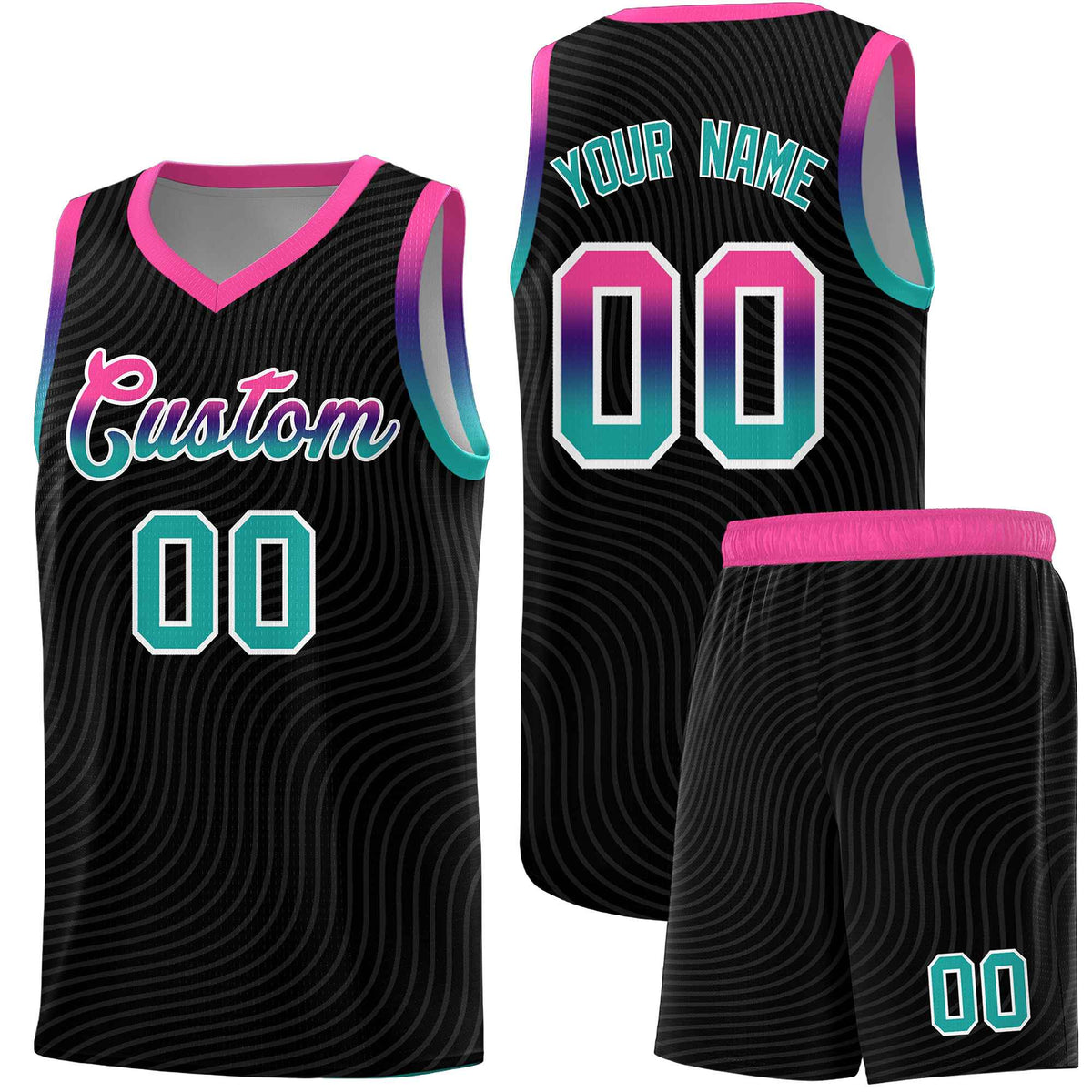 Custom Black Pink Wave Pattern Sports Uniform Basketball Kits