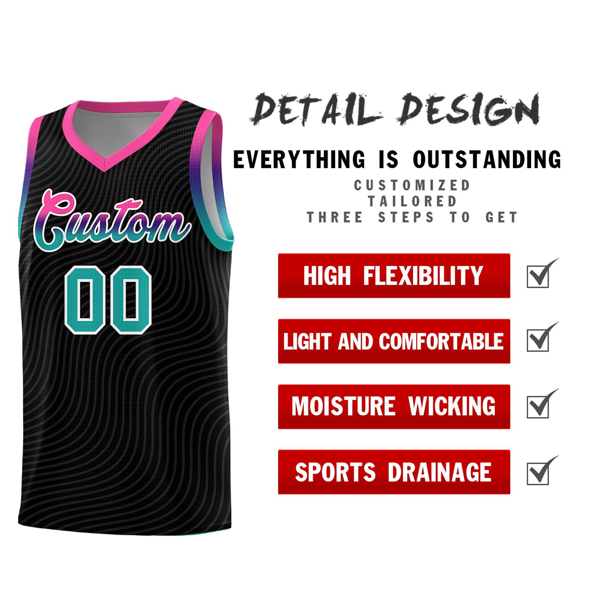 Custom Black Pink Wave Pattern Sports Uniform Basketball Kits