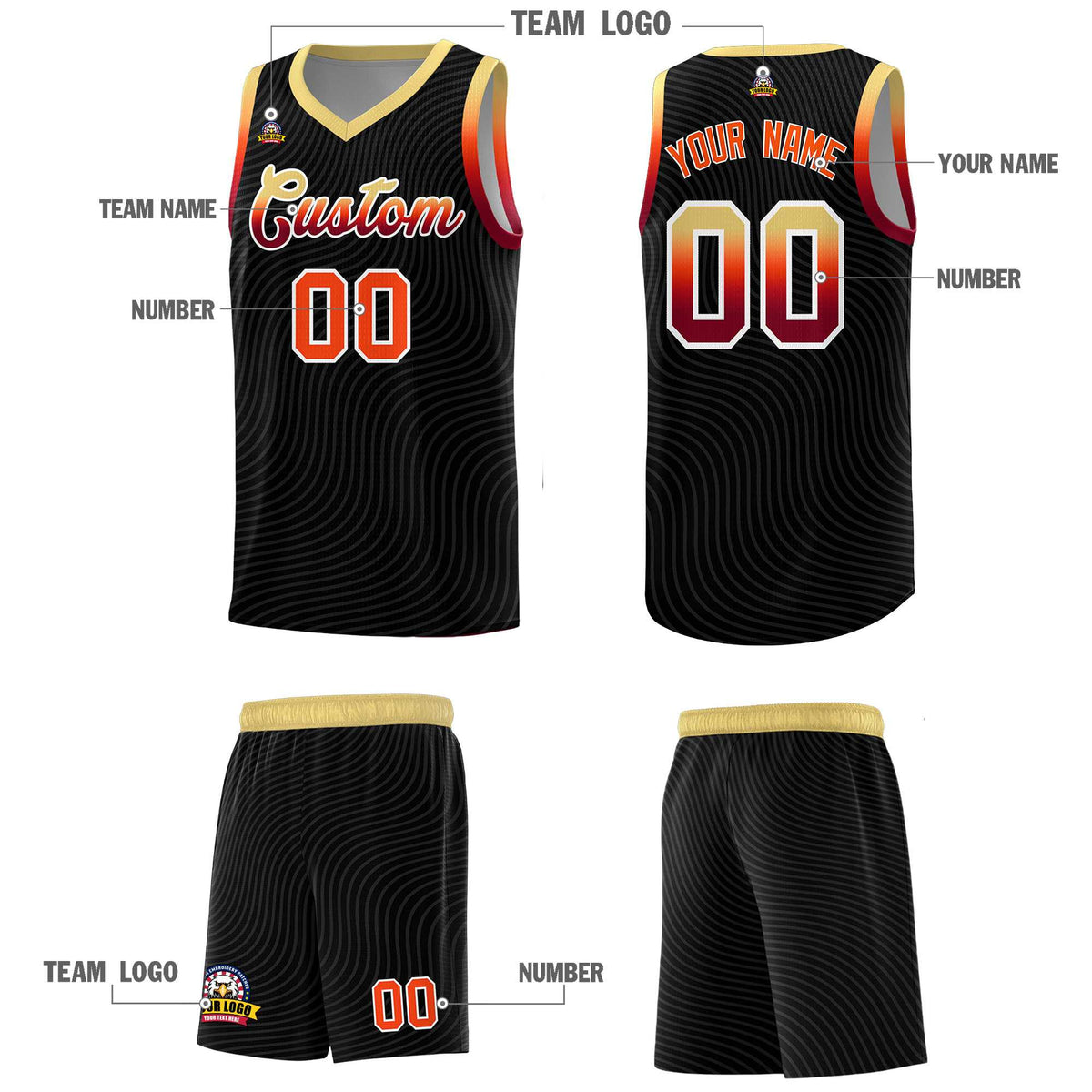 Custom Black Khaki Wave Pattern Sports Uniform Basketball Kits
