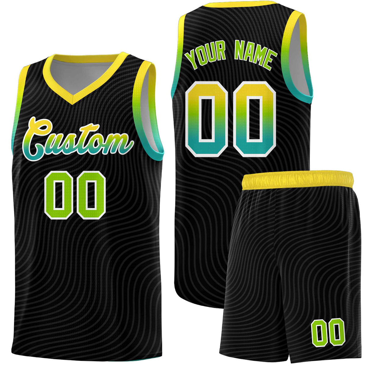 Custom Black Gold Wave Pattern Sports Uniform Basketball Kits