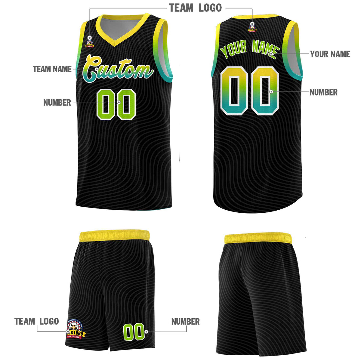 Custom Black Gold Wave Pattern Sports Uniform Basketball Kits