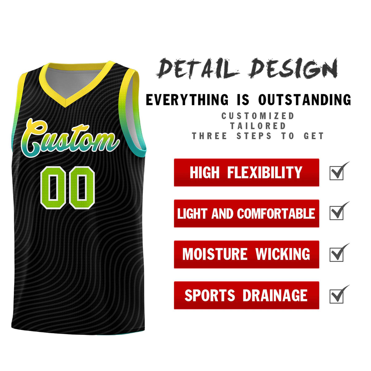 Custom Black Gold Wave Pattern Sports Uniform Basketball Kits
