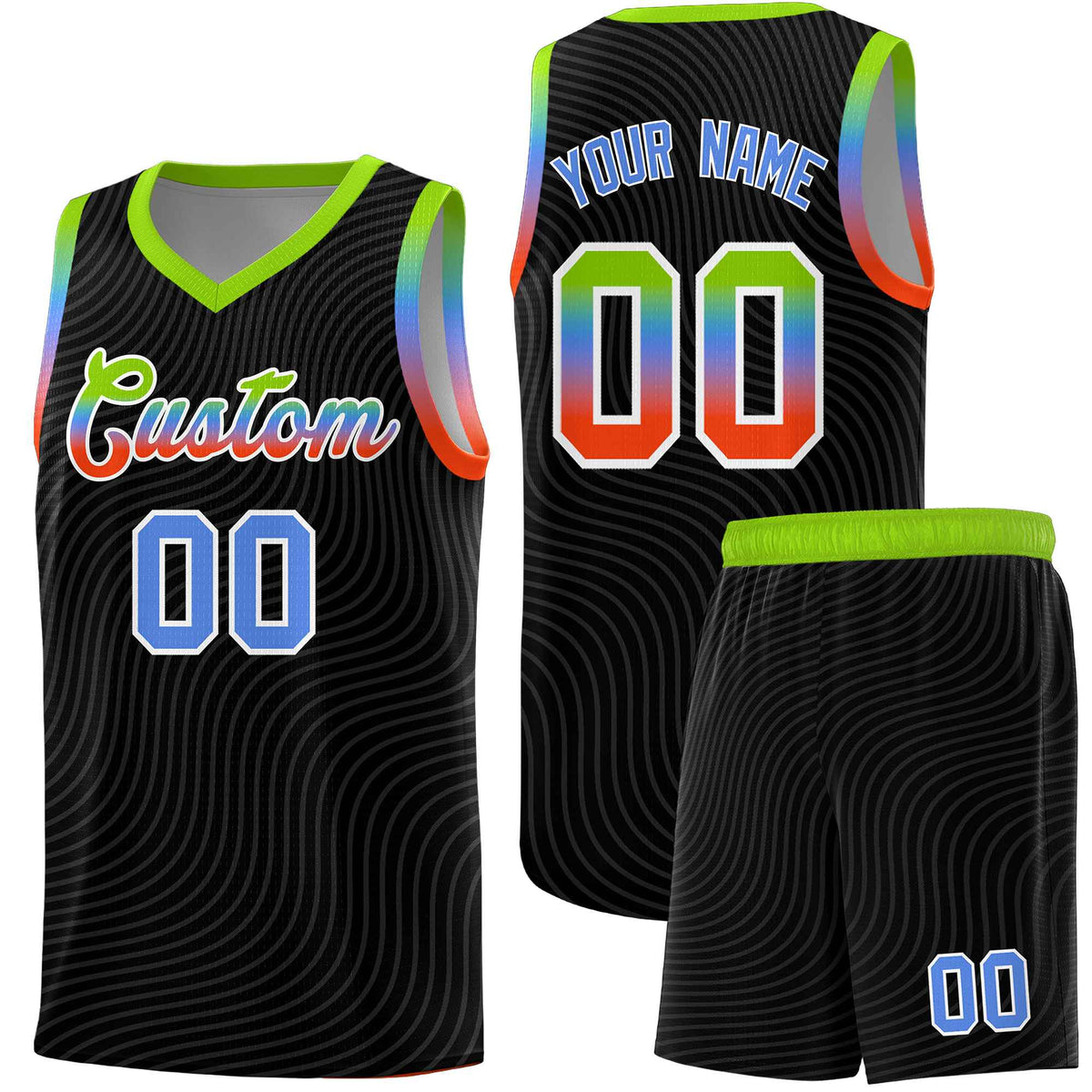 Custom Black Neon Green Wave Pattern Sports Uniform Basketball Kits