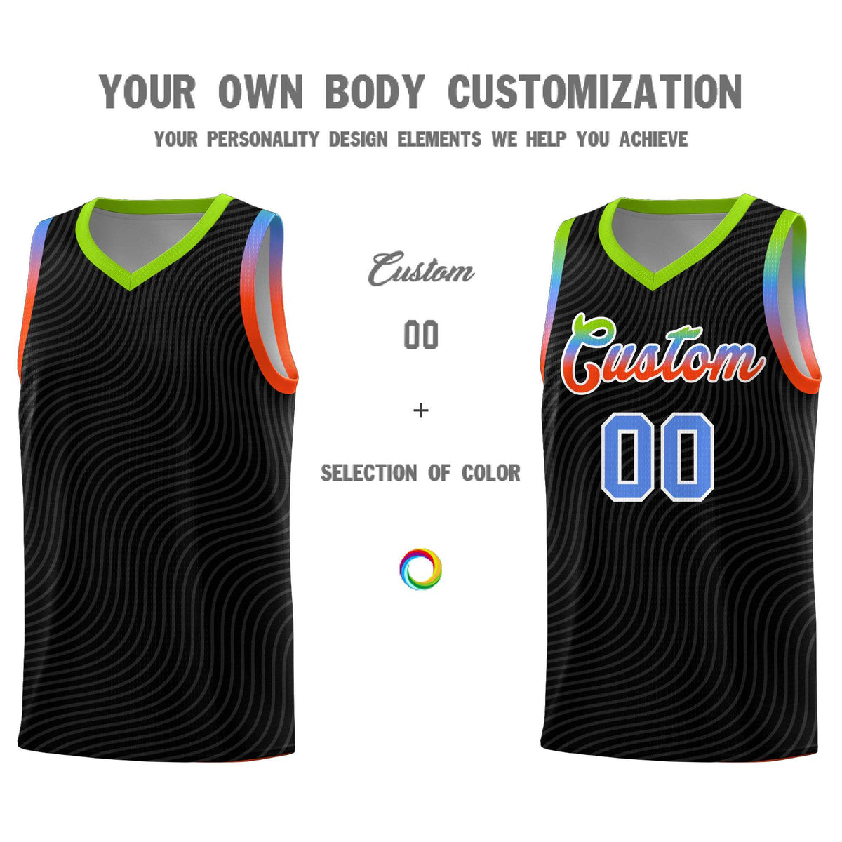 Custom Black Neon Green Wave Pattern Sports Uniform Basketball Kits