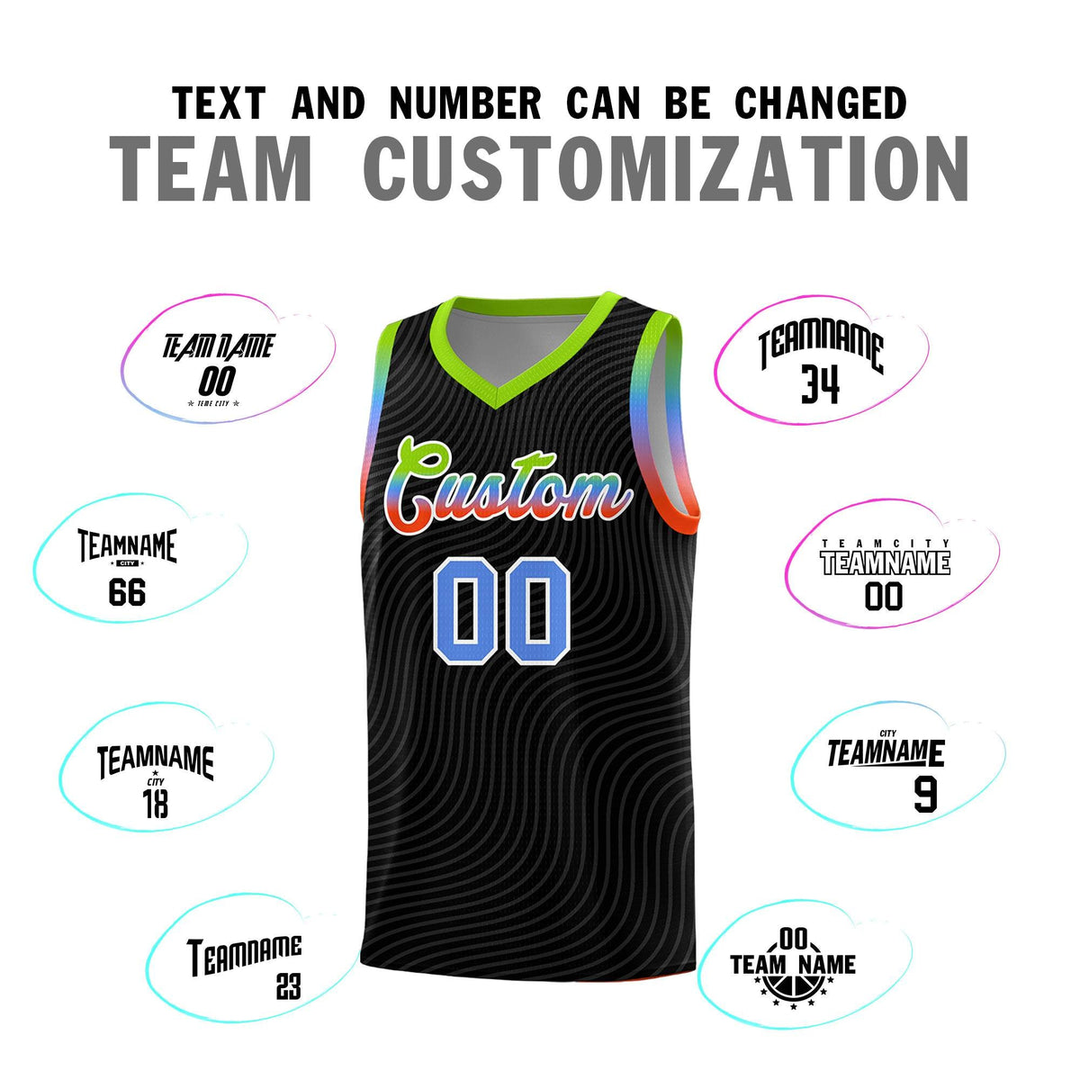 Custom Black Neon Green Wave Pattern Sports Uniform Basketball Kits