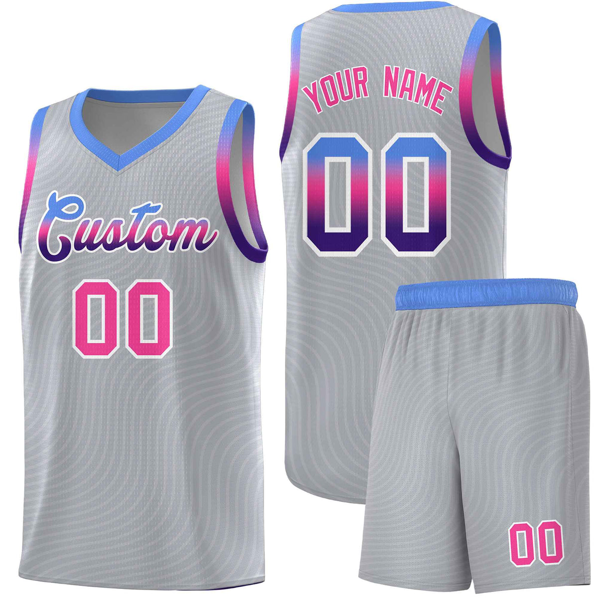 Custom Gray Light Blue Wave Pattern Sports Uniform Basketball Kits