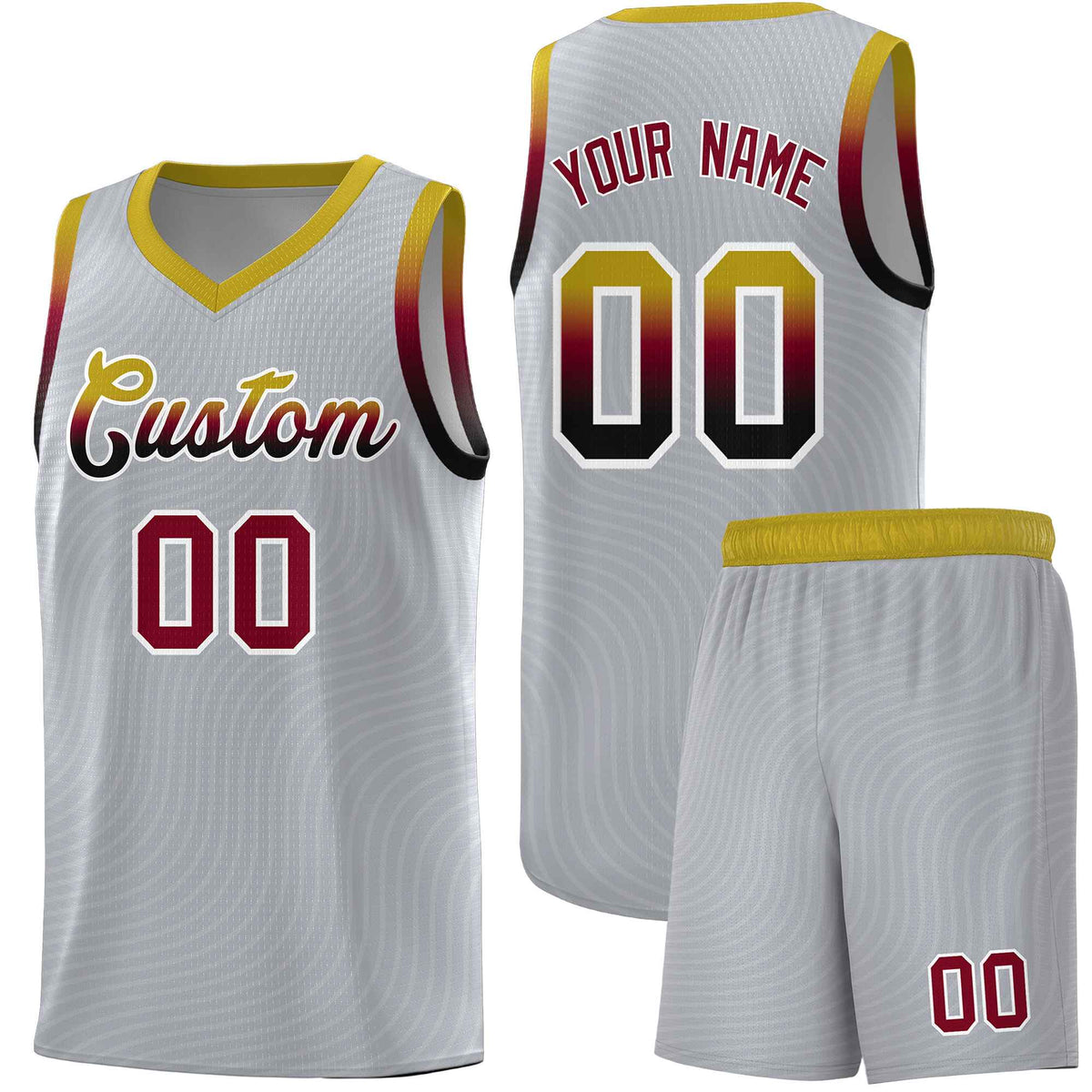 Custom Gray Old Gold Wave Pattern Sports Uniform Basketball Kits