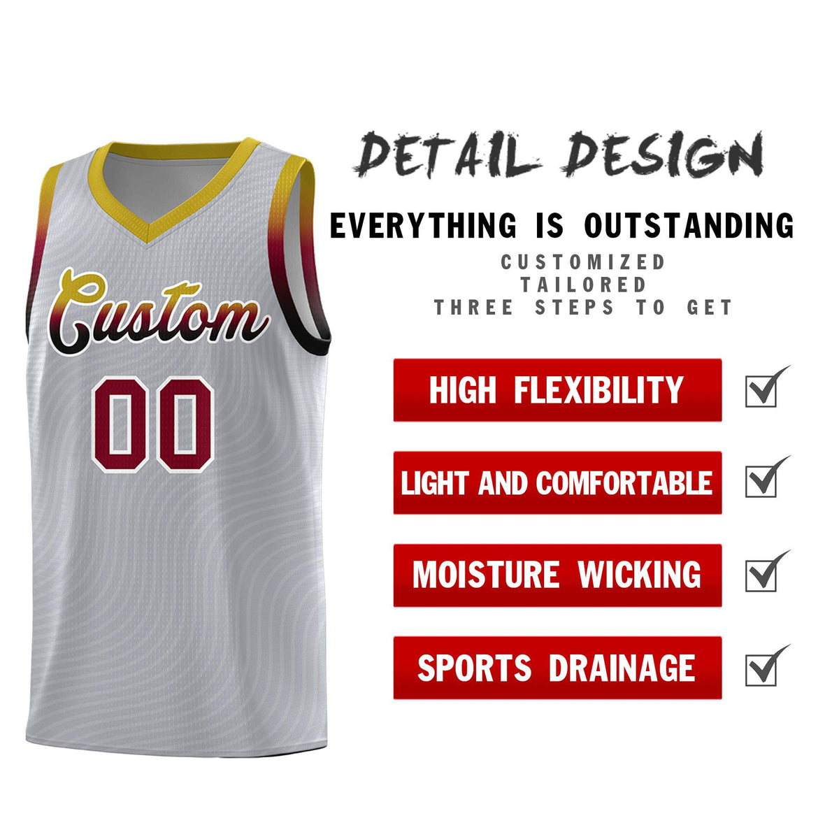 Custom Gray Old Gold Wave Pattern Sports Uniform Basketball Kits