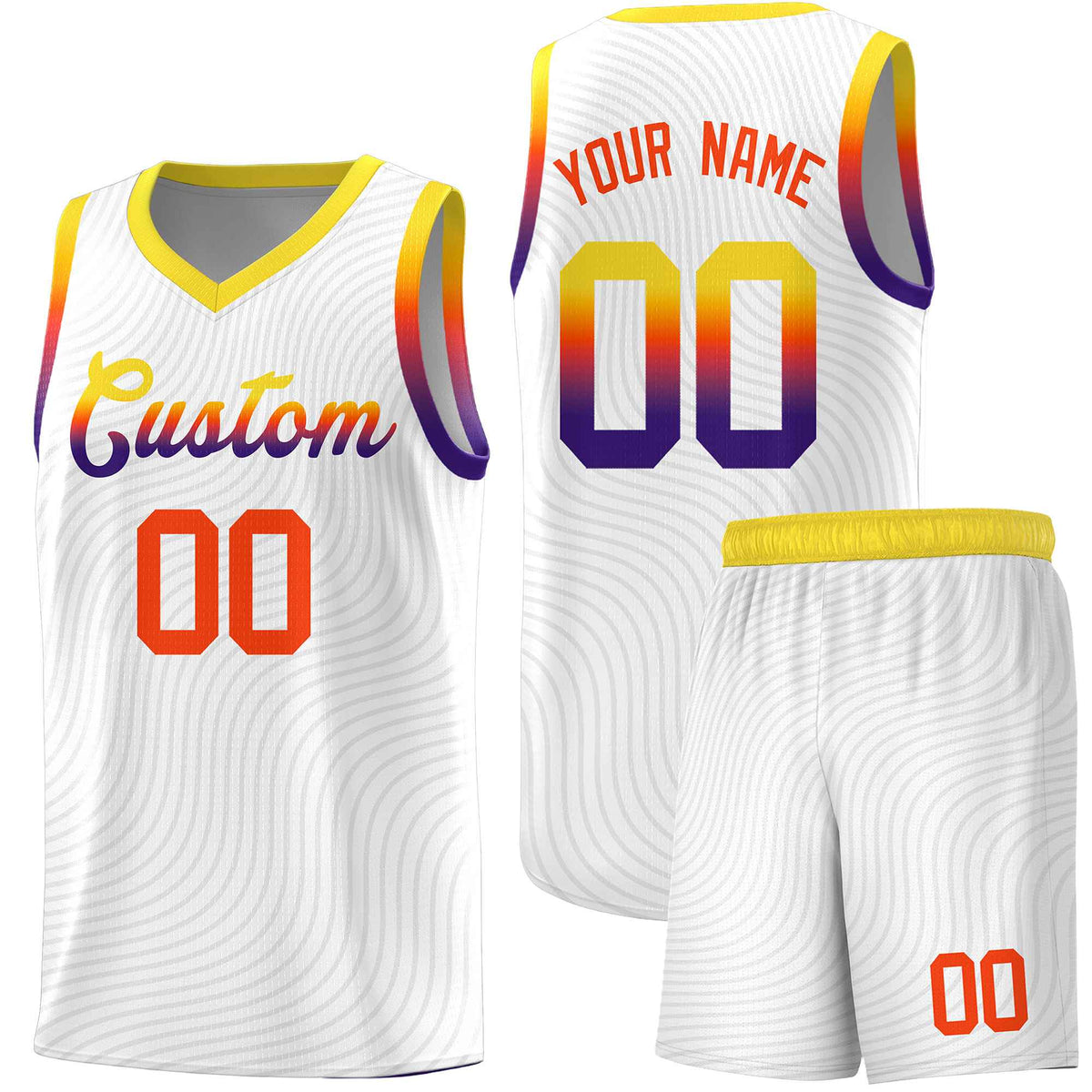 Custom White Gold Wave Pattern Sports Uniform Basketball Kits