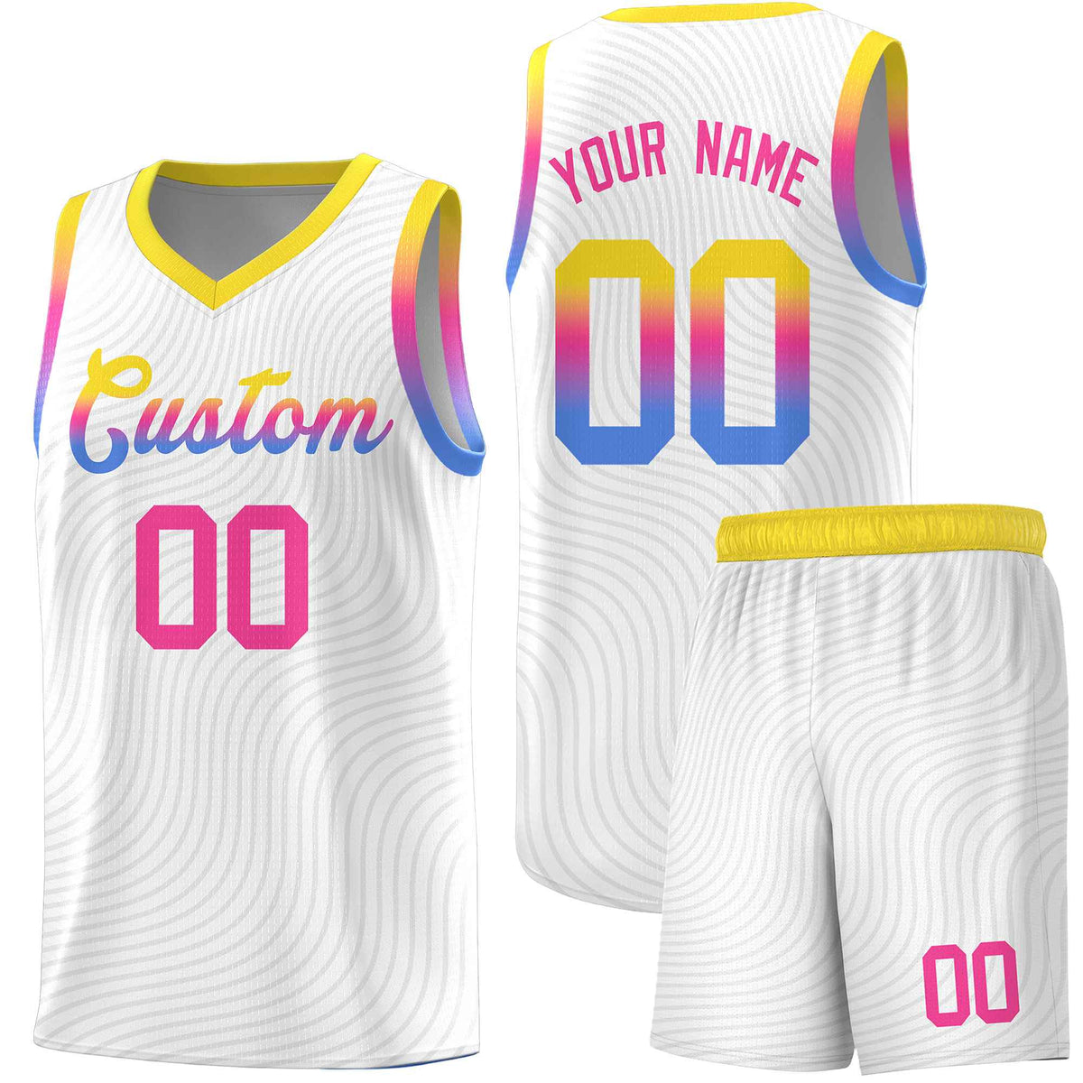 Custom White Gold Wave Pattern Sports Uniform Basketball Kits