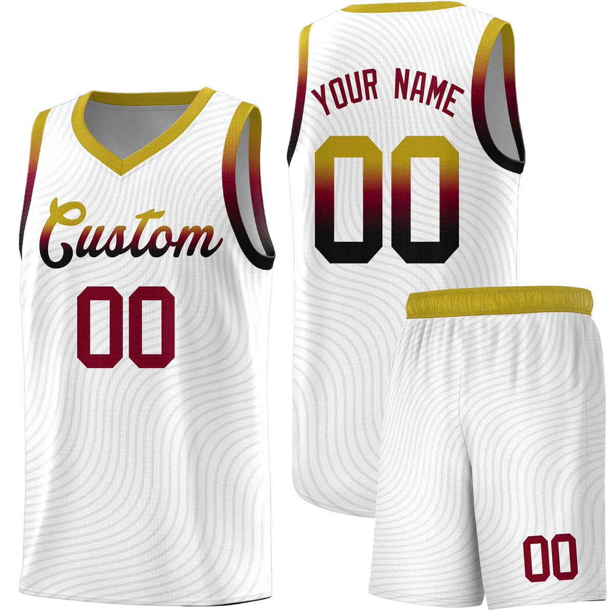 Custom White Old Gold Wave Pattern Sports Uniform Basketball Kits