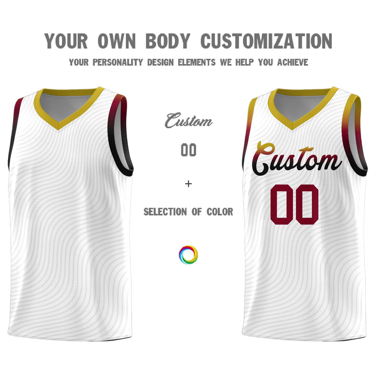 Custom White Old Gold Wave Pattern Sports Uniform Basketball Kits