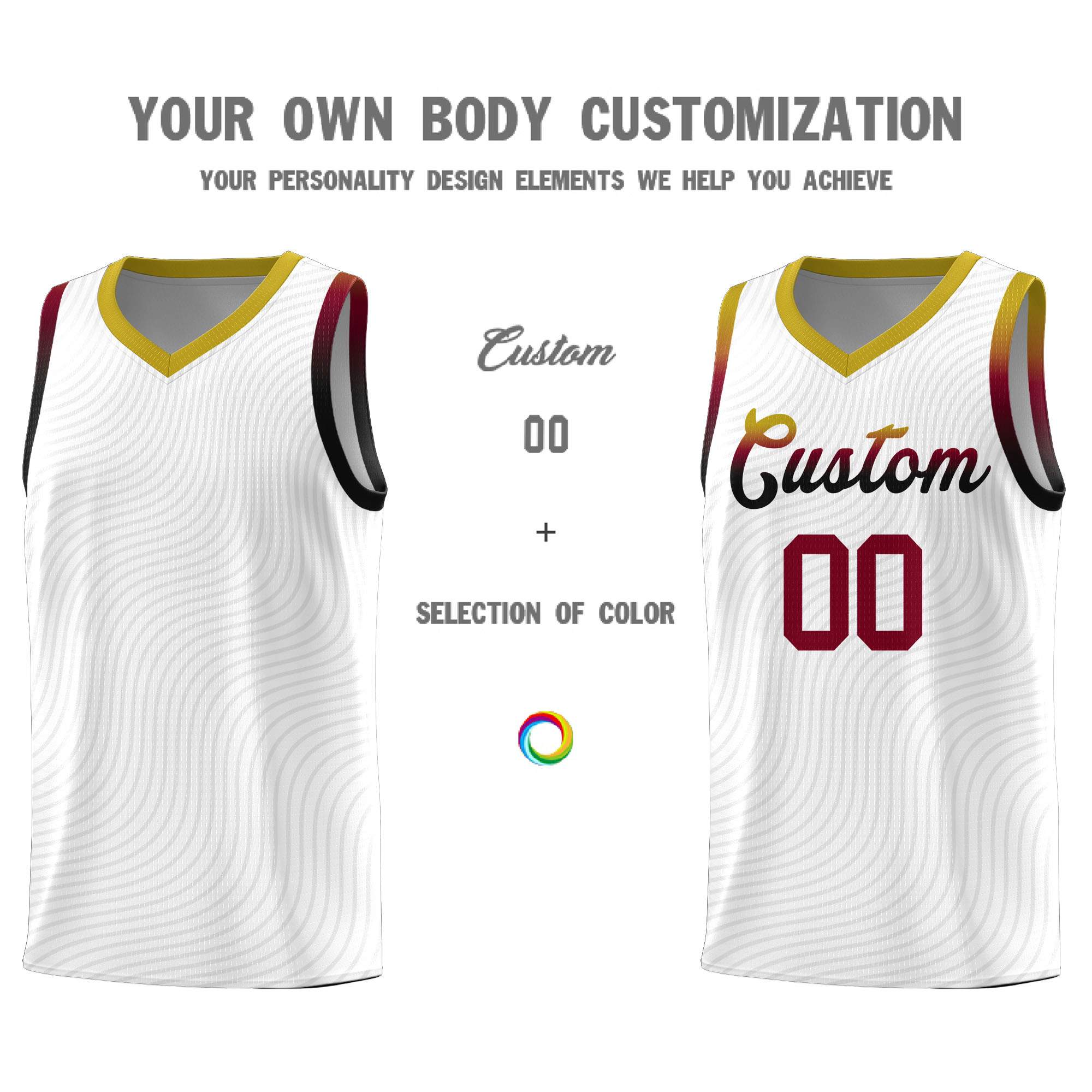Custom White Old Gold Wave Pattern Sports Uniform Basketball Kits