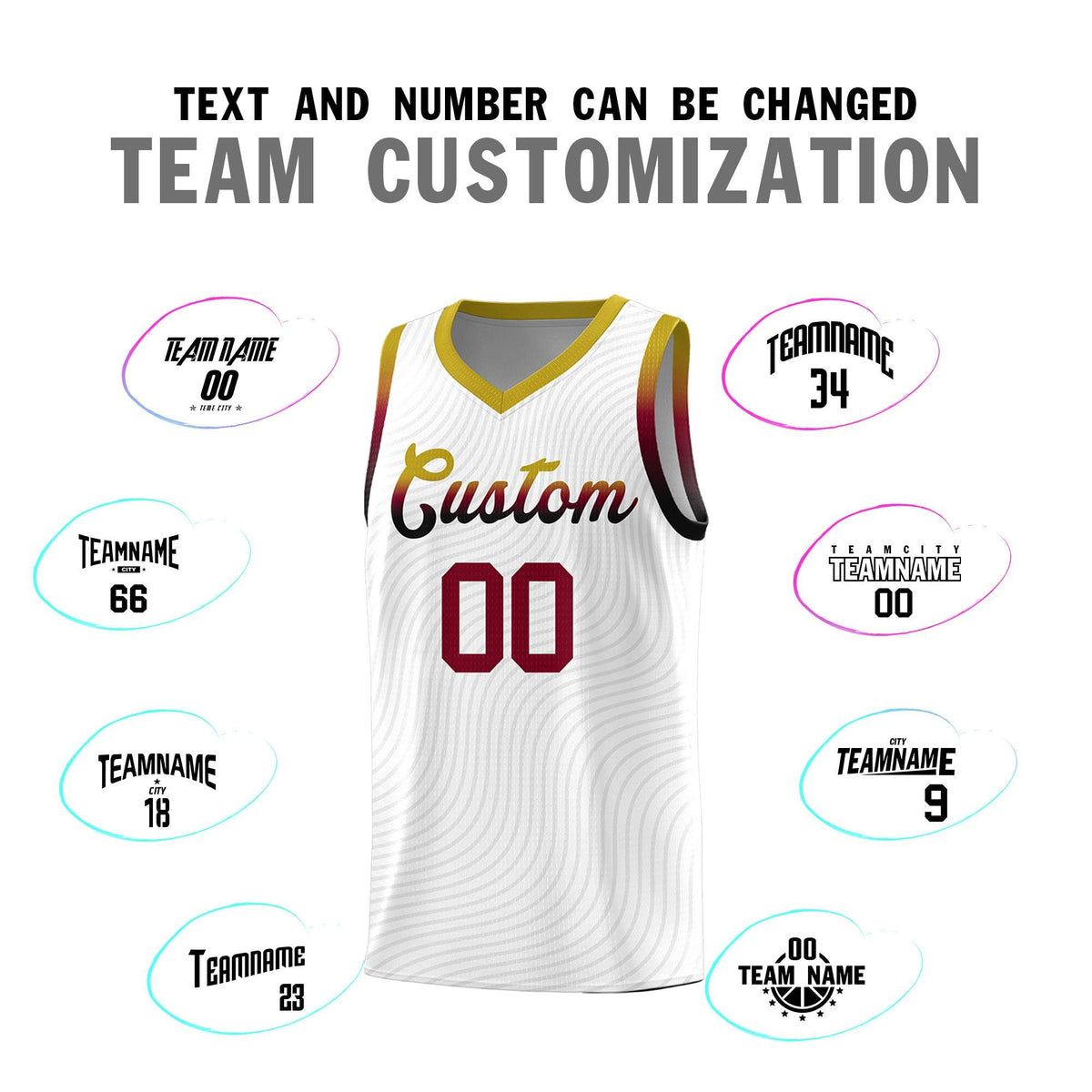 Custom White Old Gold Wave Pattern Sports Uniform Basketball Kits