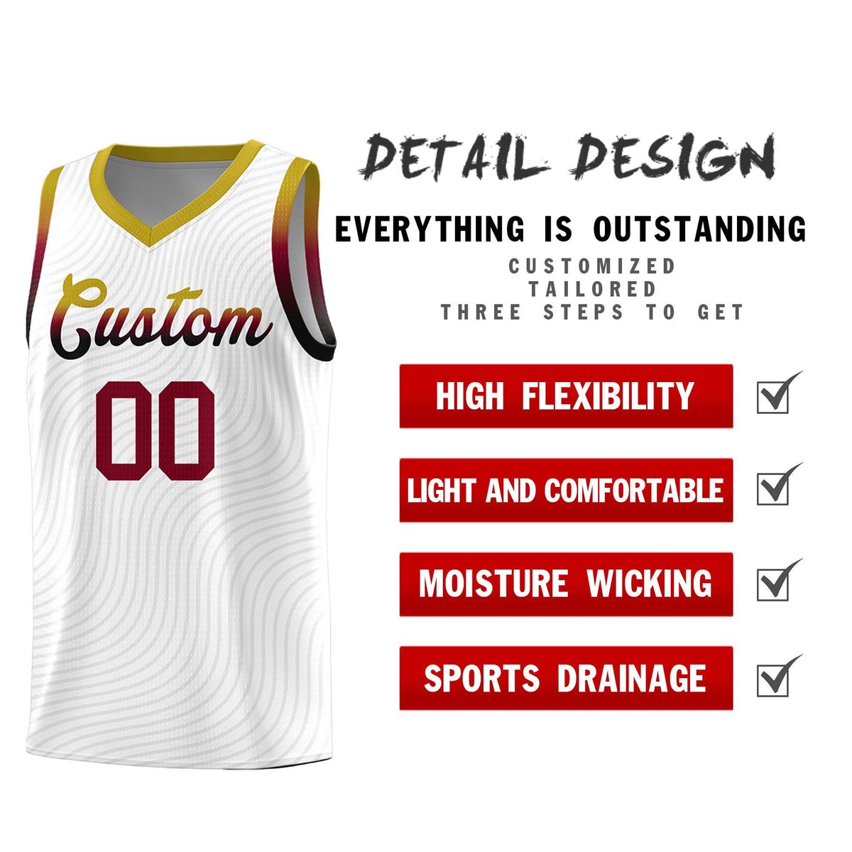 Custom White Old Gold Wave Pattern Sports Uniform Basketball Kits