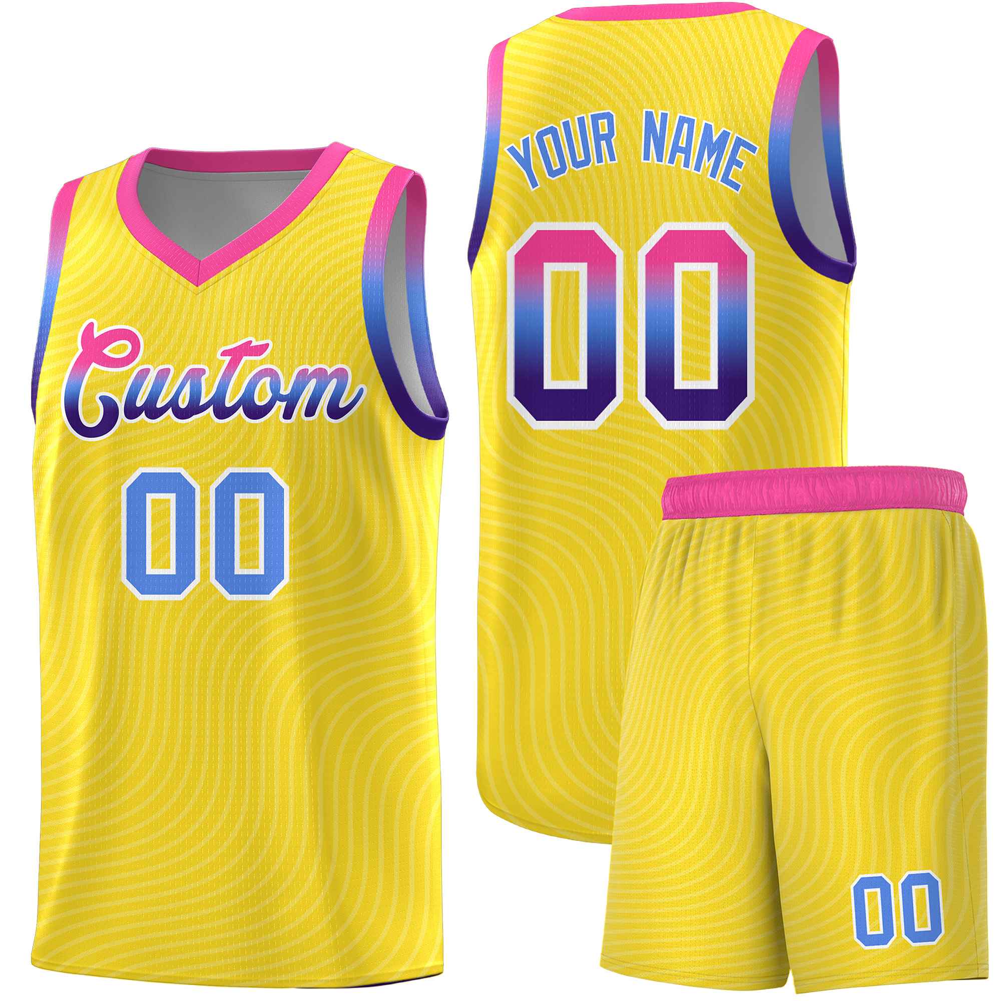 Custom Gold Pink Wave Pattern Sports Uniform Basketball Kits